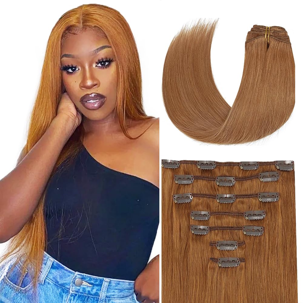 #30 Brown Clip in Hair Extensions Real Human Hair, 16 Inch 120g/7Pcs,Full Shine Remy Human Hair,Light Brown Straight Clip ins Brazilian Virgin Human Hair Extensions