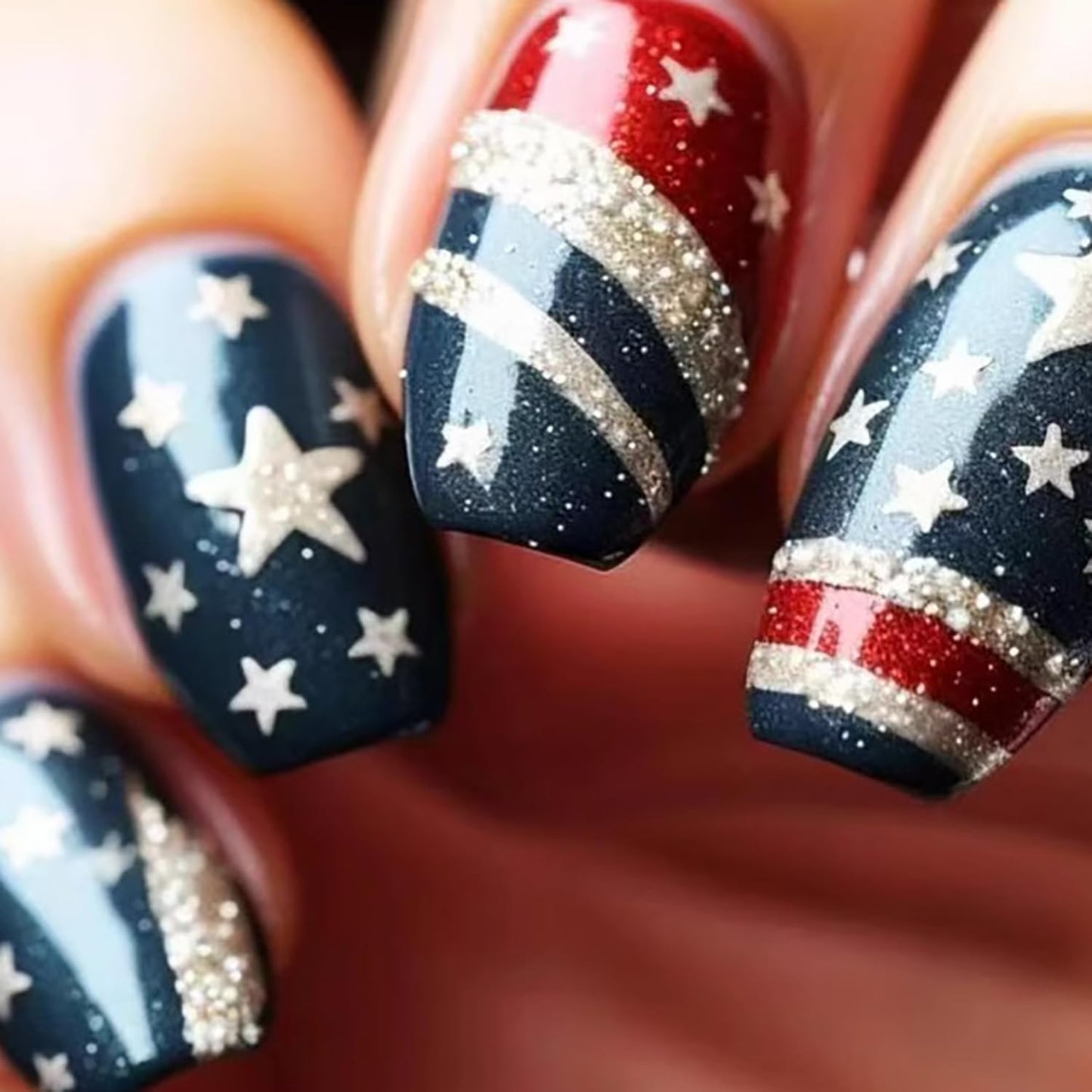 24Pcs 4th of July Press-On Nails - Medium Square Red, Blue & White Glitter Designs | Reusable Patriotic Acrylic Nails for Women