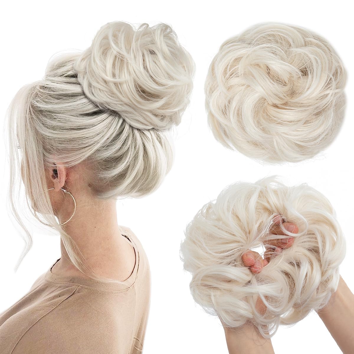 Large Messy Bun Hair Piece - Wavy Curly Synthetic Chignon Ponytail Extensions | Thick Updo in Light Auburn