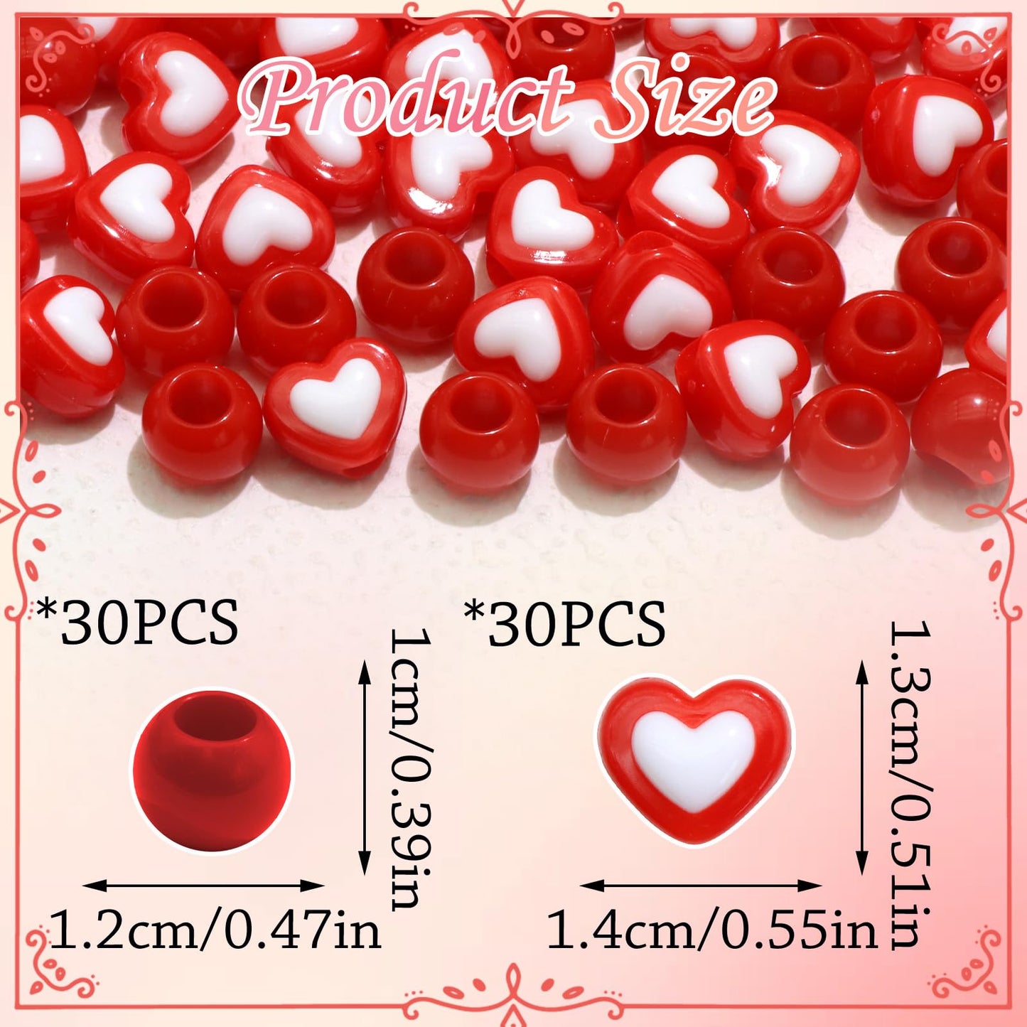 NAISKA 60PCS Valentine's Day Heart Hair Beads for Braids Red Pony Bead Loc Dreadlock Beads Kids Girls Acrylic Loc Jewelry Valentine's Day Hair Accessories
