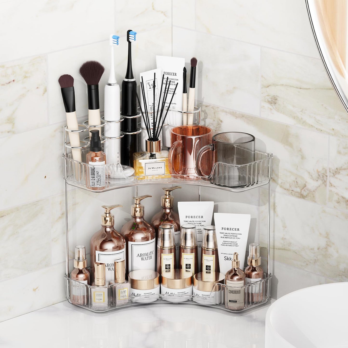Asayuee 2-Tier Corner Bathroom Counter Organizer with Top Toothbrush Holders,Large Makeup Organizer Countertop with Brush Holder,Skincare Organizers Corner,Exquisite Vanity Organizer(Clear, 2 Tier)
