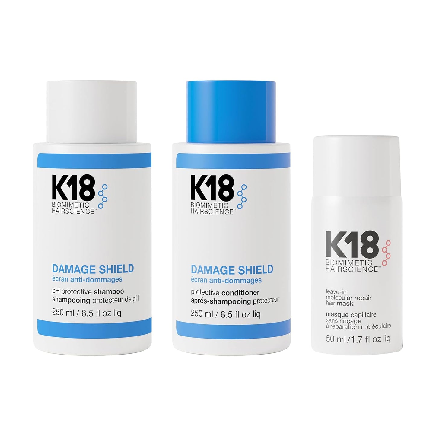 K18 Damage Control Trio - Damage Shield Shampoo, Conditioner & 4-Minute Hair Mask | Color-Safe Repair Set