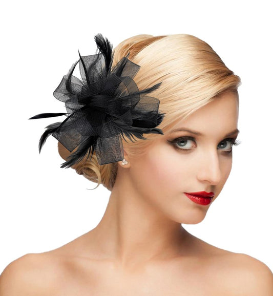 dressfan Womens Fascinator Hat Headpiece Vintage Wedding Mesh Feather Flower Hair Clip,20s 50s Headband Hair Accessories Headwear for Derby/Wedding/Cocktail/Tea Party,Black