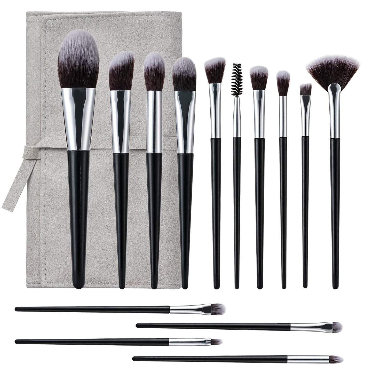 Professional Makeup Brush Set - 14 Pcs Eye & Face Brushes with PU Bag | Black