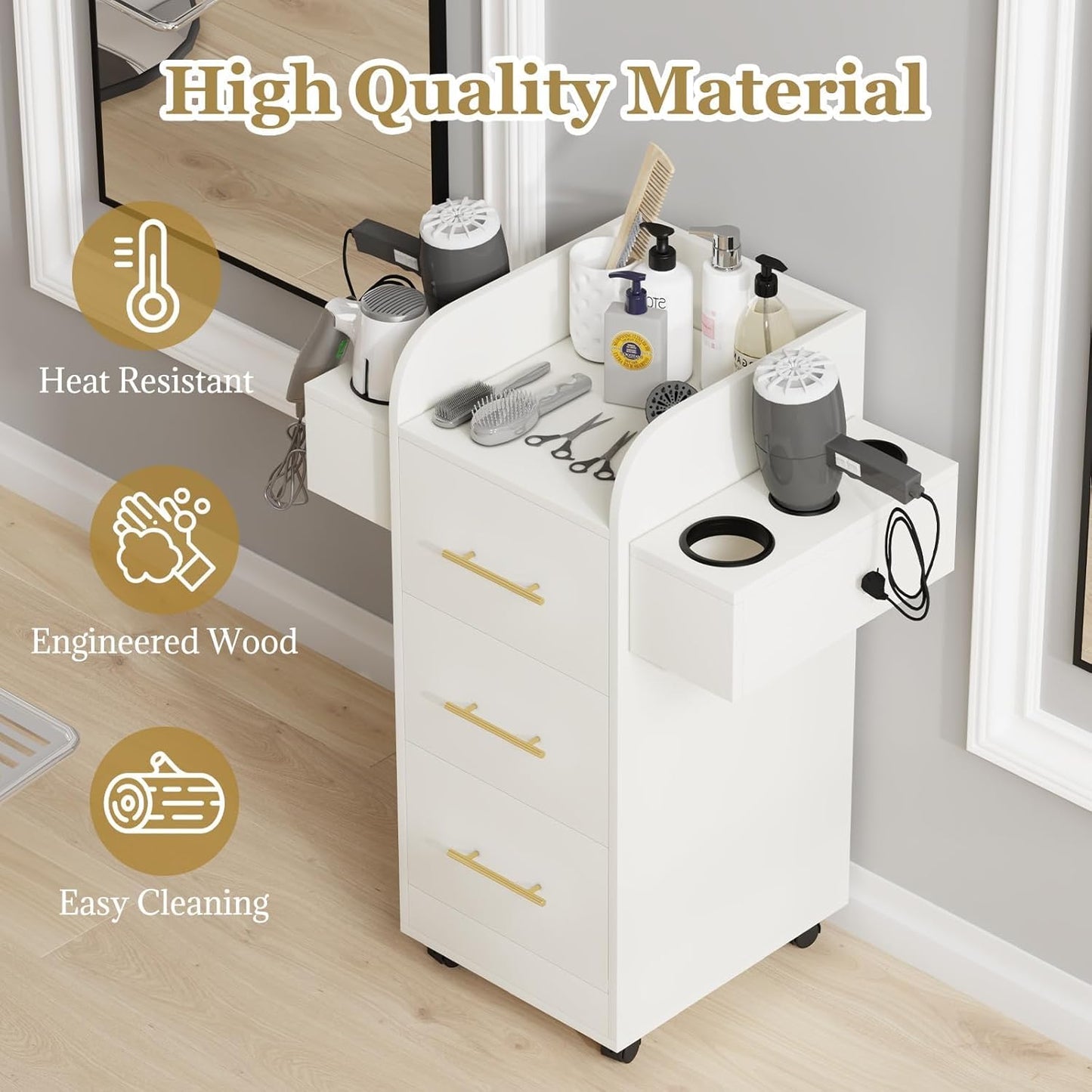 Rolling Salon Station for Hair Stylists - Mobile Trolley Cart with 6 Dryer Holders & 3 Drawers | White & Gold