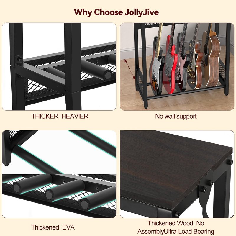 JollyJive 5-Guitar Stand with Storage Shelf, Heavy Duty Multi-Guitar Rack Floor Holder for Acoustic Electric Guitars & Bass, Patented Anti-Collision Mesh Shield, Ultra-Stable
