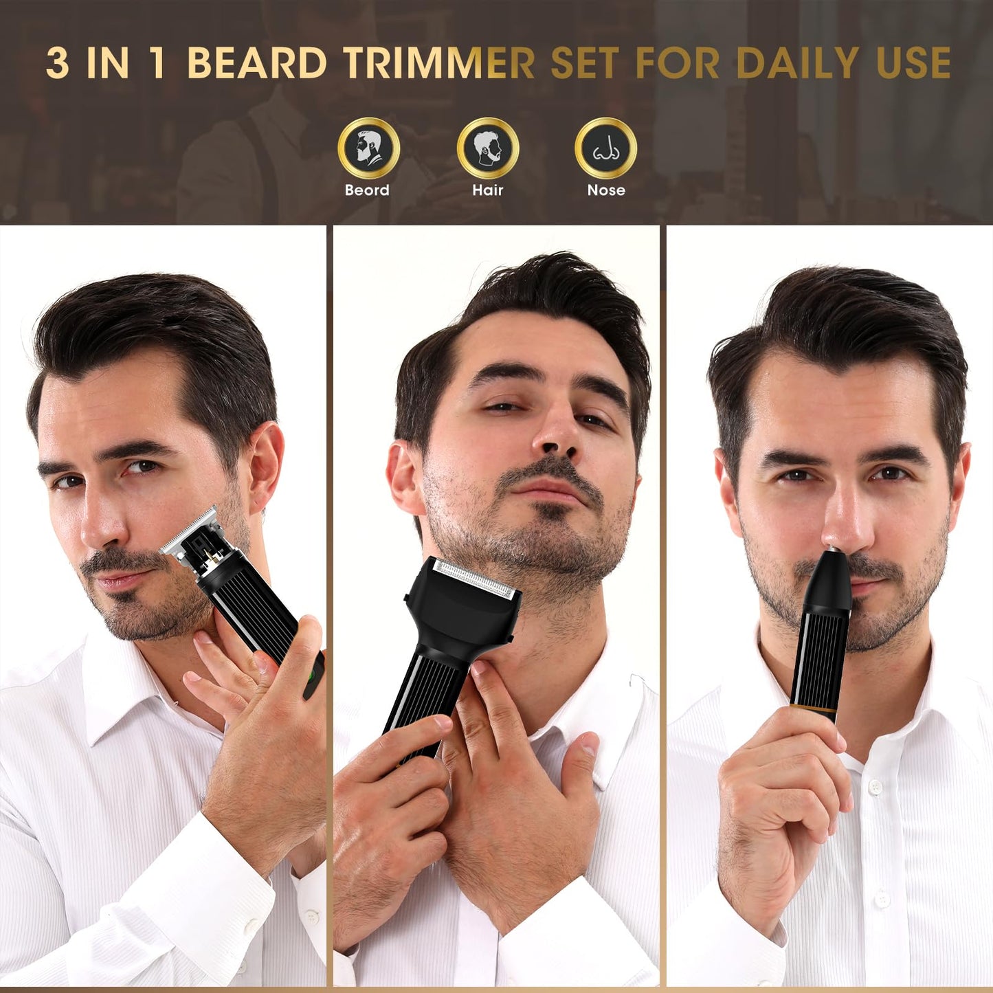 Lanumi 3-in-1 Beard Trimmer Kit for Men - Rechargeable Electric Hair Trimmer with Nose Hair Trimmer & Shaver - Cordless Grooming Set for Beard, Mustache, Body Hair - Men’s Gift