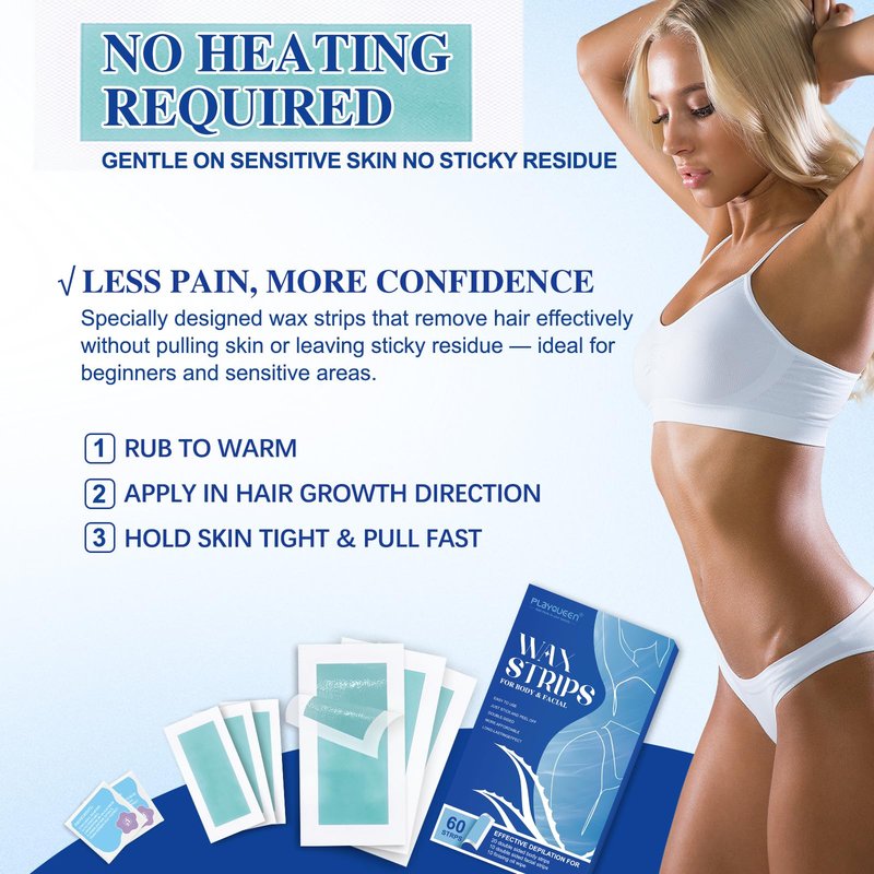 Hair Removal Wax Strips Kit for Women & Men, 60 PCS Full Body Cold Wax Strips for Face, Arms, Legs, Underarms & Bikini Area, Gentle Hair Removal for Sensitive Skin with After-Wax Oil Wipes.