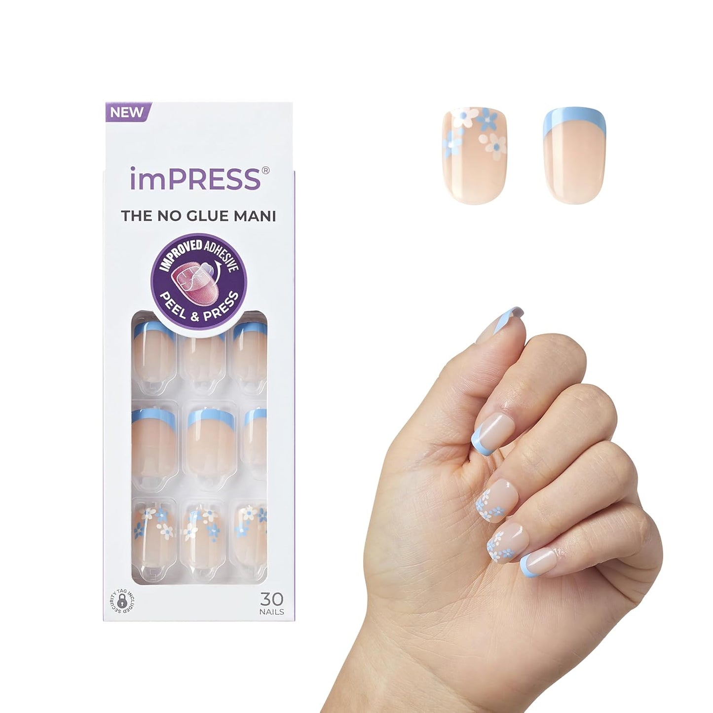 Impress Press-On Nails - French Snooze Blue Short Squoval | 30 Nails, Prep Pad & Manicure Kit