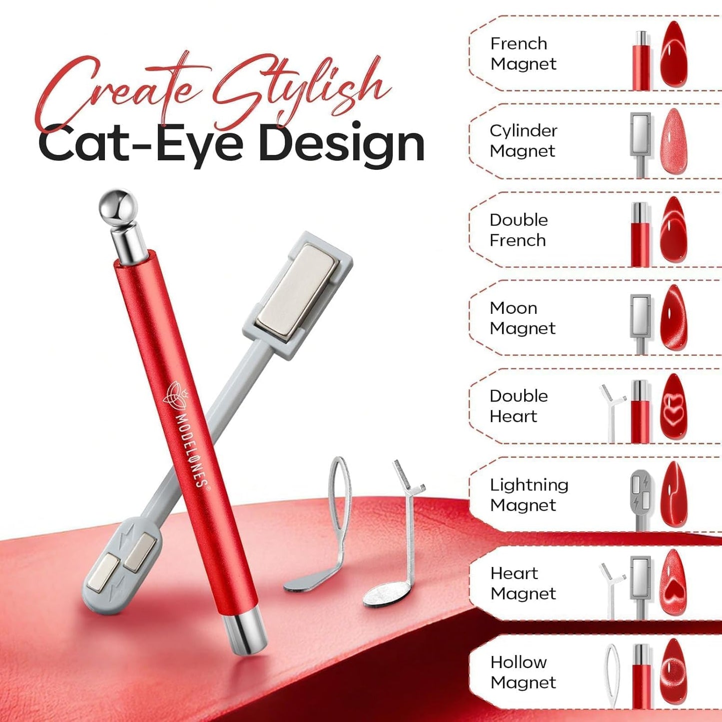 Cat Eye Magnet Set - 5PCS Dual-Head Nail Magnet Pen for Gel Polish | Heart, Lightning & Ball Shapes
