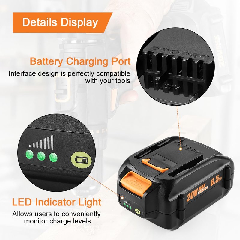 Ahomtikk 20V 6.5Ah High-Capacity Battery Replacement for Worx Battery 20V PowerShare WA3578 WA3674 WA3575 WA3525 WA3520 WG155s WG251s WG890 WG891 Compatible with Worx 20 Volt Cordless Tools (2 Pack)