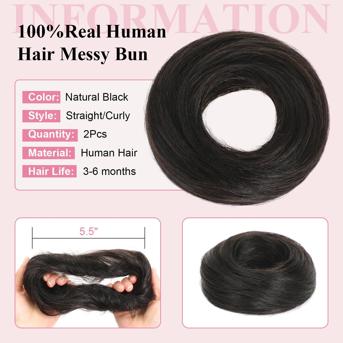 Messy Bun Hair Piece - 100% Human Hair Fluffy Donut Updo Extensions | 2Pcs Natural Black