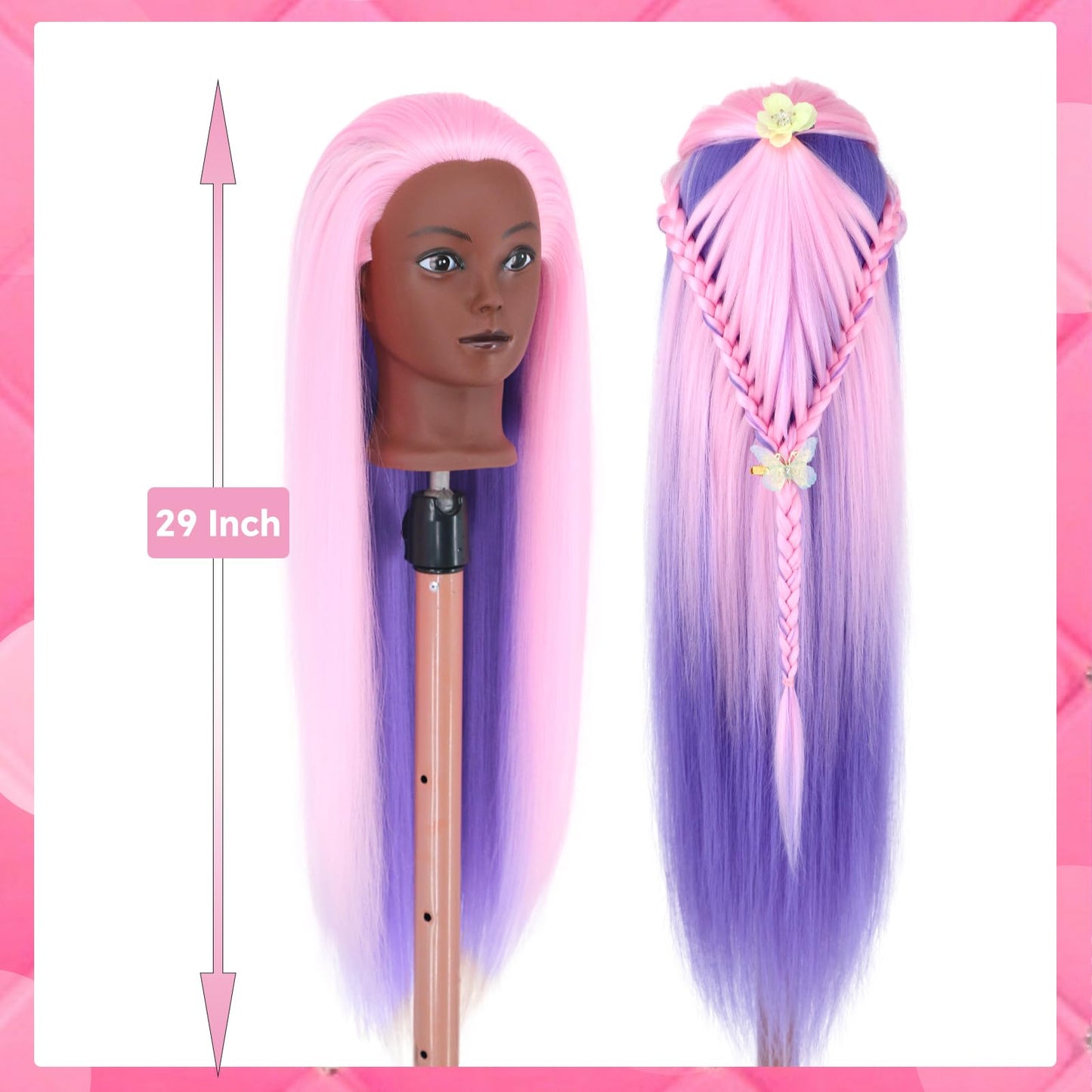 Gemiei Mannequin Head with Hair 29" Doll Head for Hair Styling for Cosmetology Training With Clamp Holder and Styling Tools（Pink Purple)