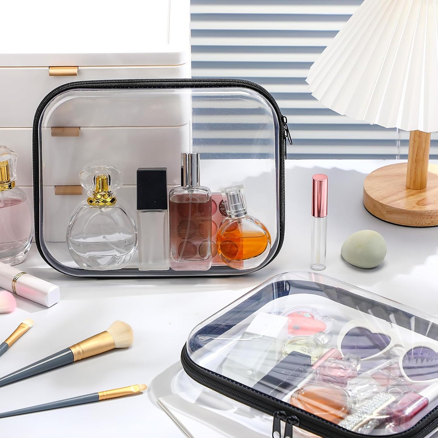 Clear Hard Zipper Case - 3 Pcs Portable Makeup Bag Organizer for Travel | Black, Medium Size