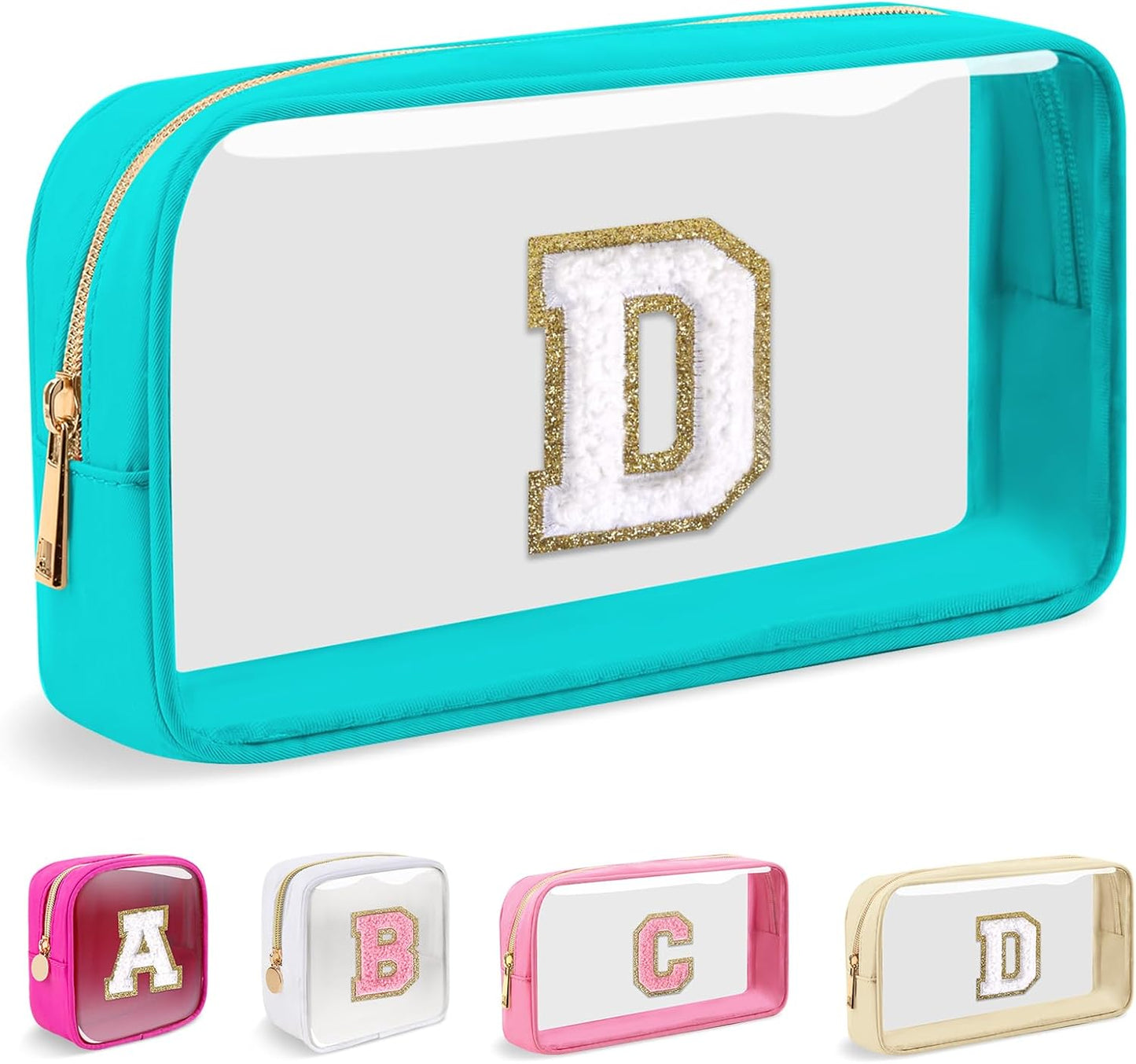 Personalized Initial Makeup Bag - Waterproof Nylon Cosmetic Pouch | A-Z Chenille Letter Patch, White-Pink G