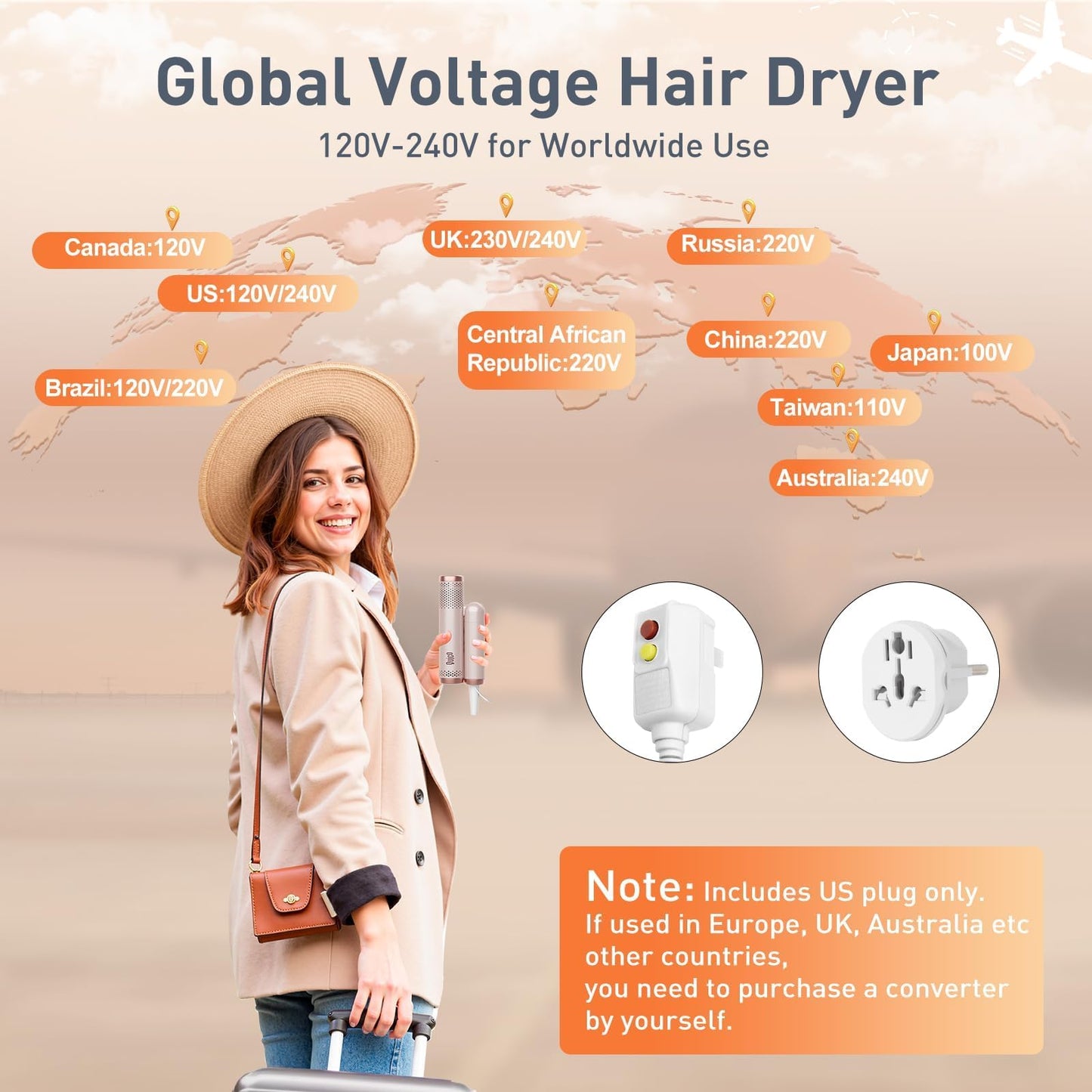QUICO Hair Blow Dryer, 120-240V Dual Voltage Travel Blow Dryer Foldable, 120000 RPM High-Speed BLDC Negative Ionic Hair Dryer for Fast Drying, Portable Hair Dryer, Cold/3 Heating/3 Speed Settings,Pink