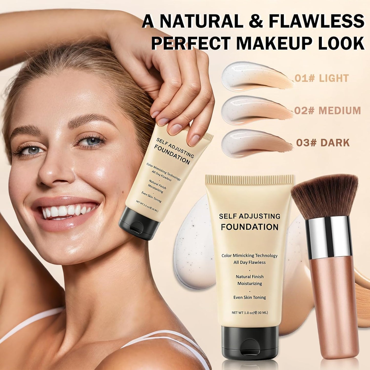 Color Changing Foundation for Mature Skin - Hydrating Self-Adjusting Makeup | Lightweight Coverage, 1.01 FL.OZ - 03 Dark