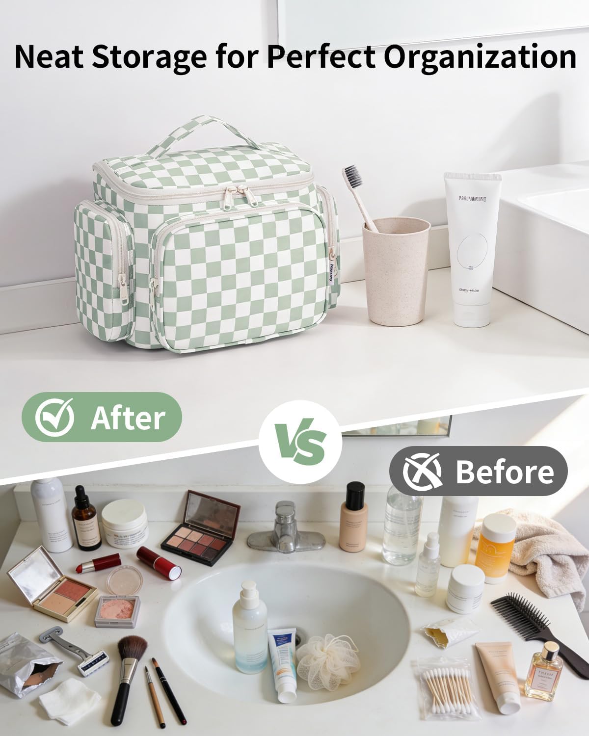 Narwey Travel Toiletry Bag - Wide Open Makeup Organizer with Wet Pocket | Green Checkerboard