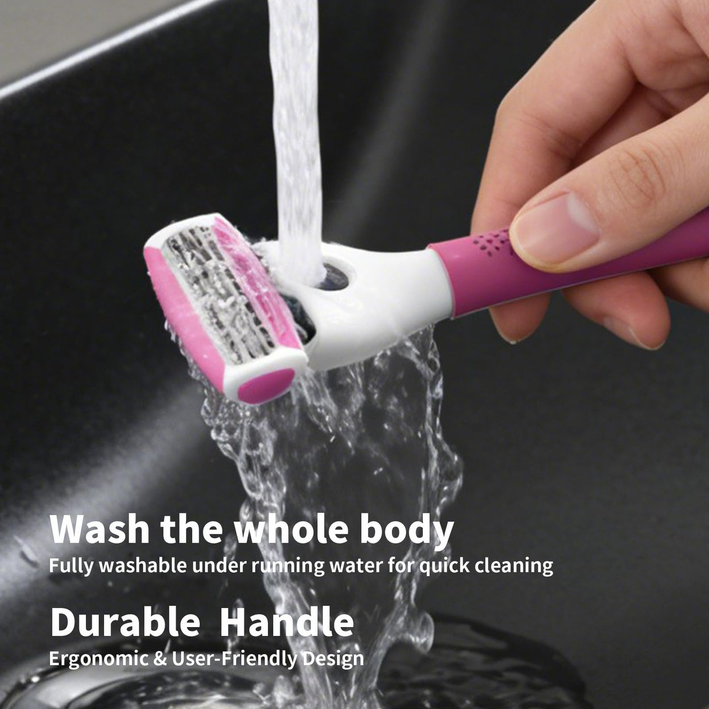 FYNEDGE Women's Safety Razor with 6 Replacement Blade Refills- 4 Blade Razors for Women, 1 Pink Handle Rubber Grip, 45° Pivoting Head, Lubricating Strip & Cleaning Brush for Smooth Shaving