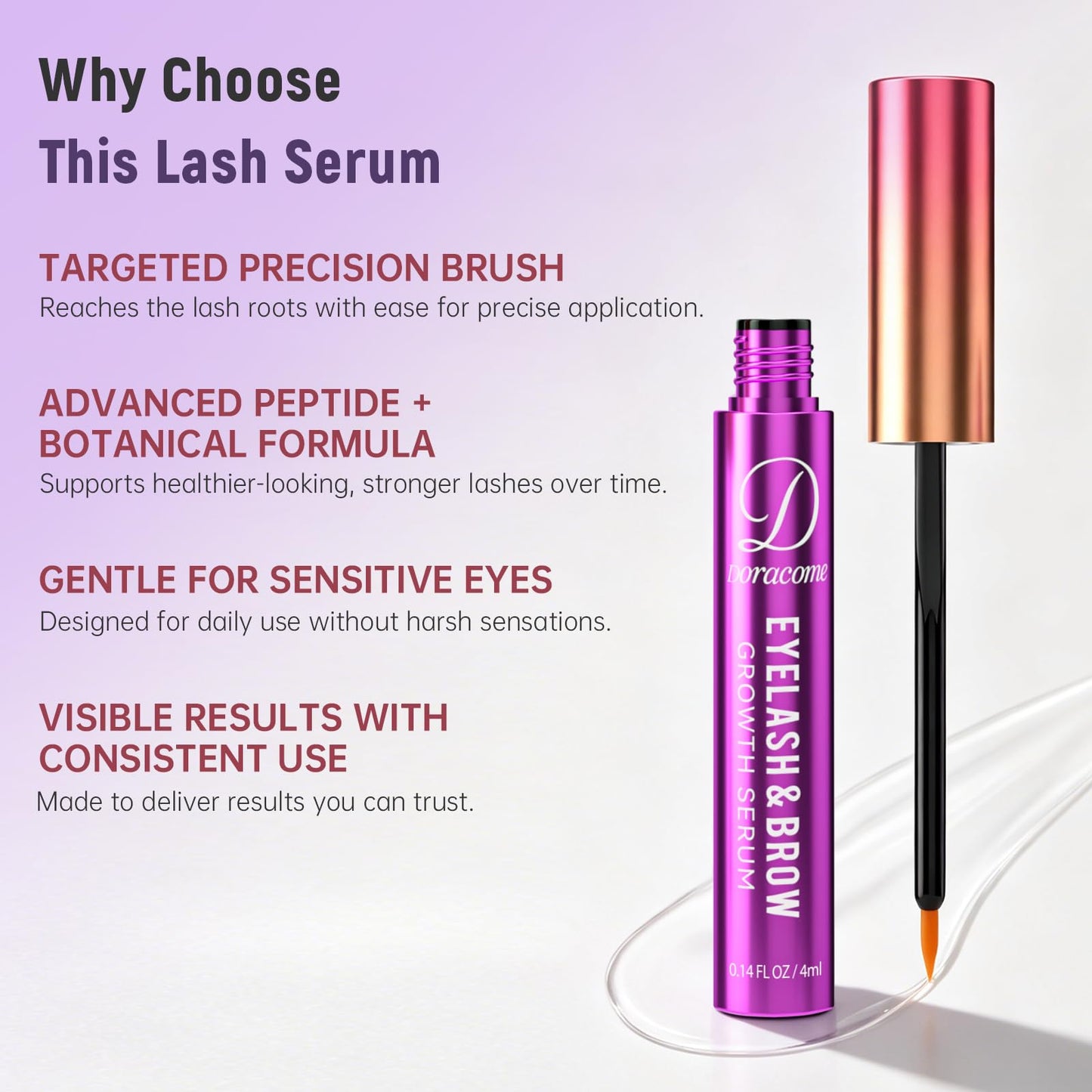 Doracome Eyelash Growth Serum with Peptides & Amino Acids - Lash and Brow Serum for Natural Lengthening & Strengthening - Resilience Support, Safe for Sensitive Skin, Lash Extension Aftercare - 3ml