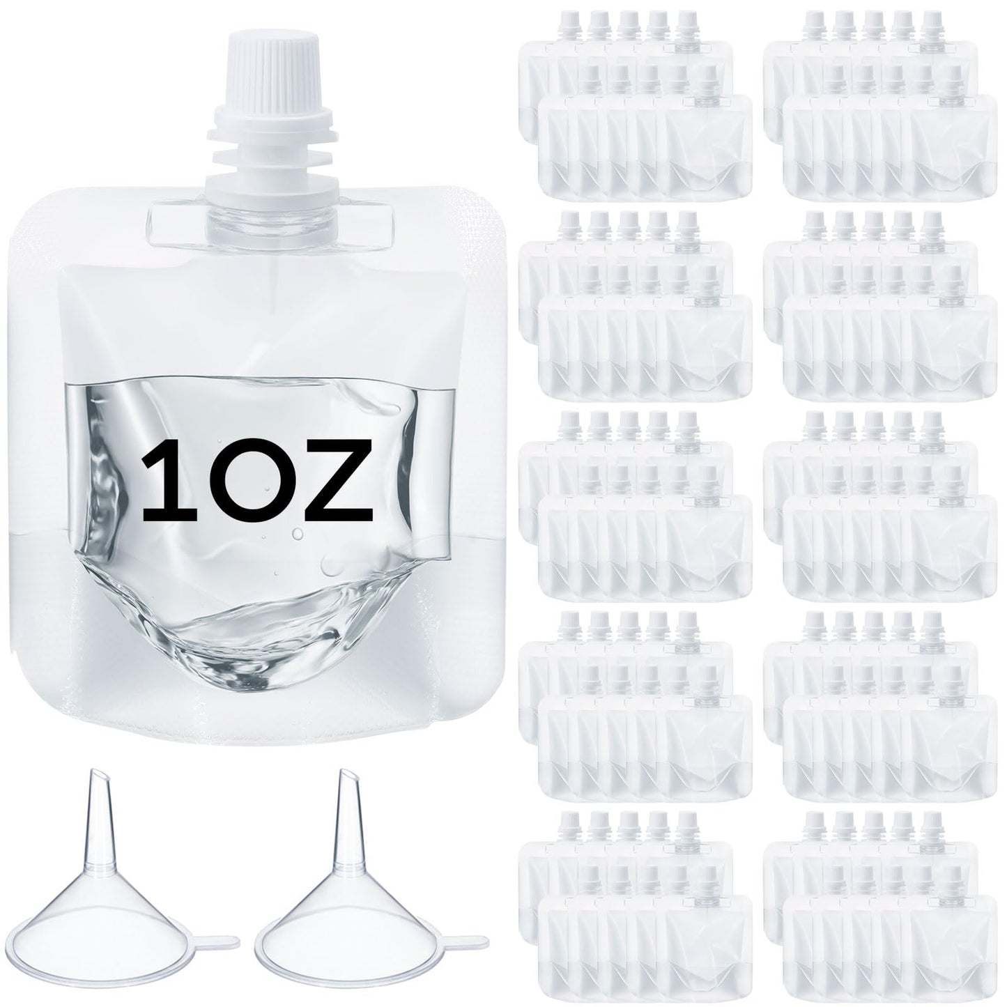 Seeloowy 100 Pcs Plastic Pouches Bulk Clear Juice Bags Squeeze Pouches Plastic Leak Proof Bags with Funnel for Party Favors (1 oz)