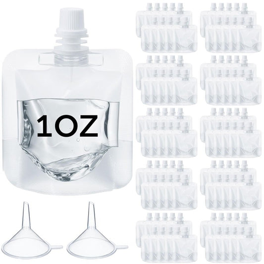 Seeloowy 100 Pcs Plastic Pouches Bulk Clear Juice Bags Squeeze Pouches Plastic Leak Proof Bags with Funnel for Party Favors (1 oz)