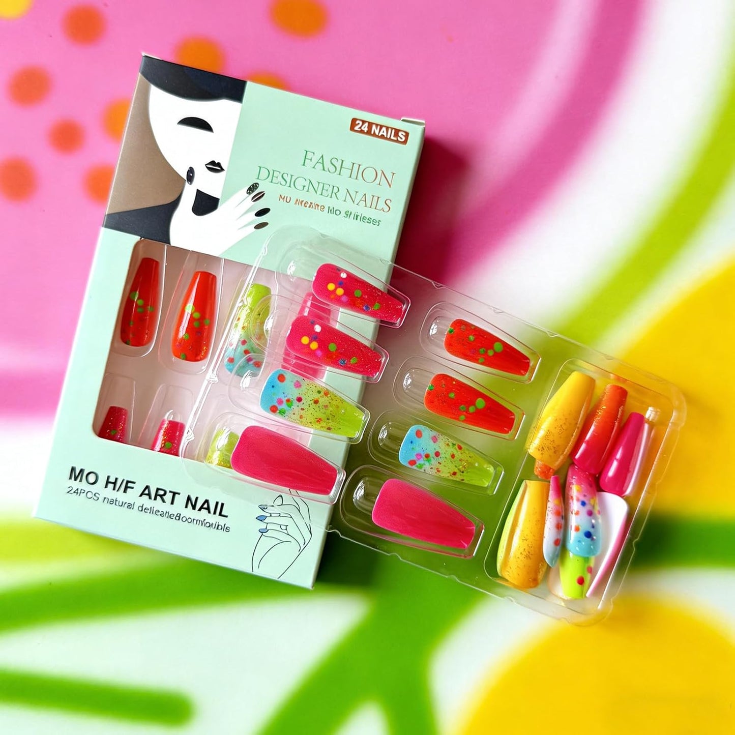 Medium Coffin Press-On Nails - Colorful Gradient Polka Dot Design | 24 Reusable Full Cover Nails for Women