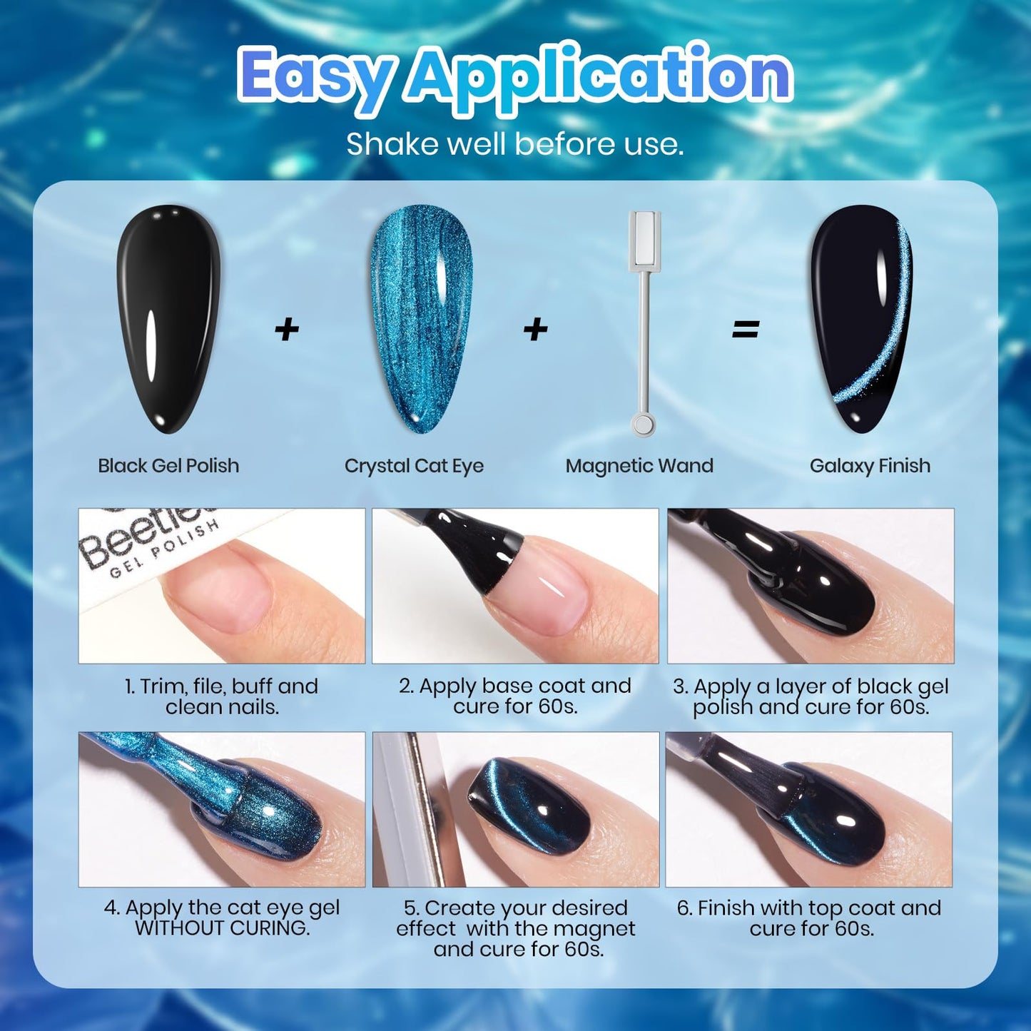 Beetles Cat Eye Gel Nail Polish Set - Lunar Mermaid 6 Colors Summer Gel Nail Polish Kit Glitter Blue Purple Navy Blue Teal Colors Magnetic Shine Soak Off UV Salon DIY Manicure Gift for Women