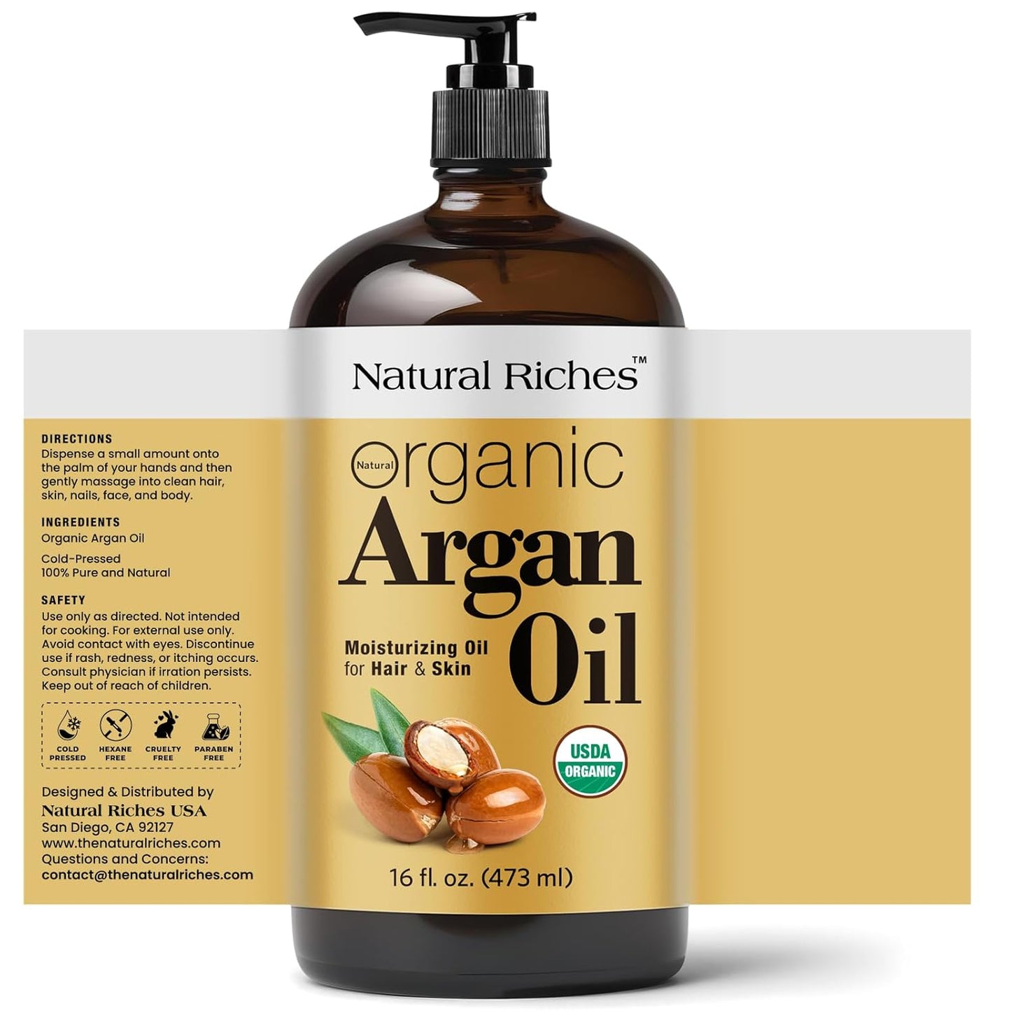 Organic Argan Oil - Cold Pressed Moisturizing Oil for Hair, Face & Skin - 16 Fl Oz Glass Bottle