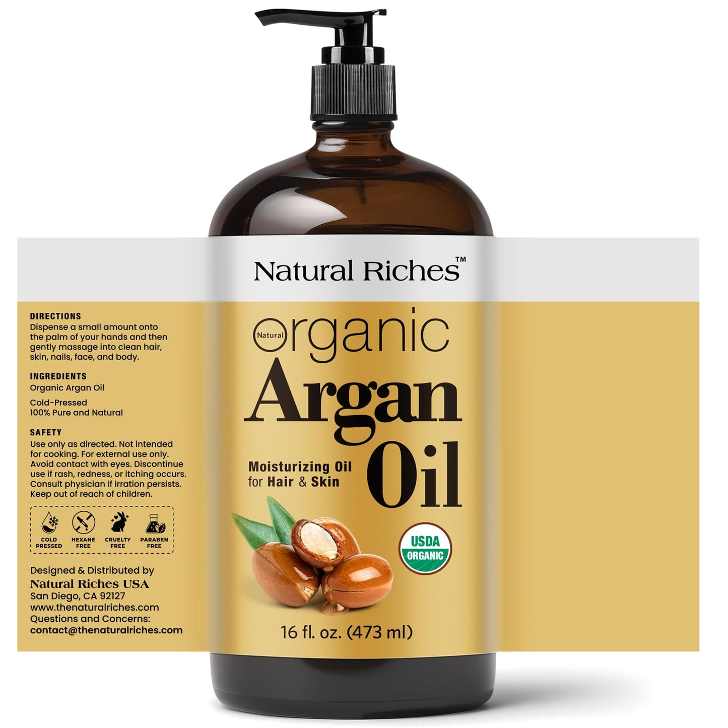 Natural Riches Organic Argan Oil - Moisturizing Oil for Hair, Face & Skin - Cold Pressed Pure Moroccan oil - 16 Fl Oz Glass Bottle
