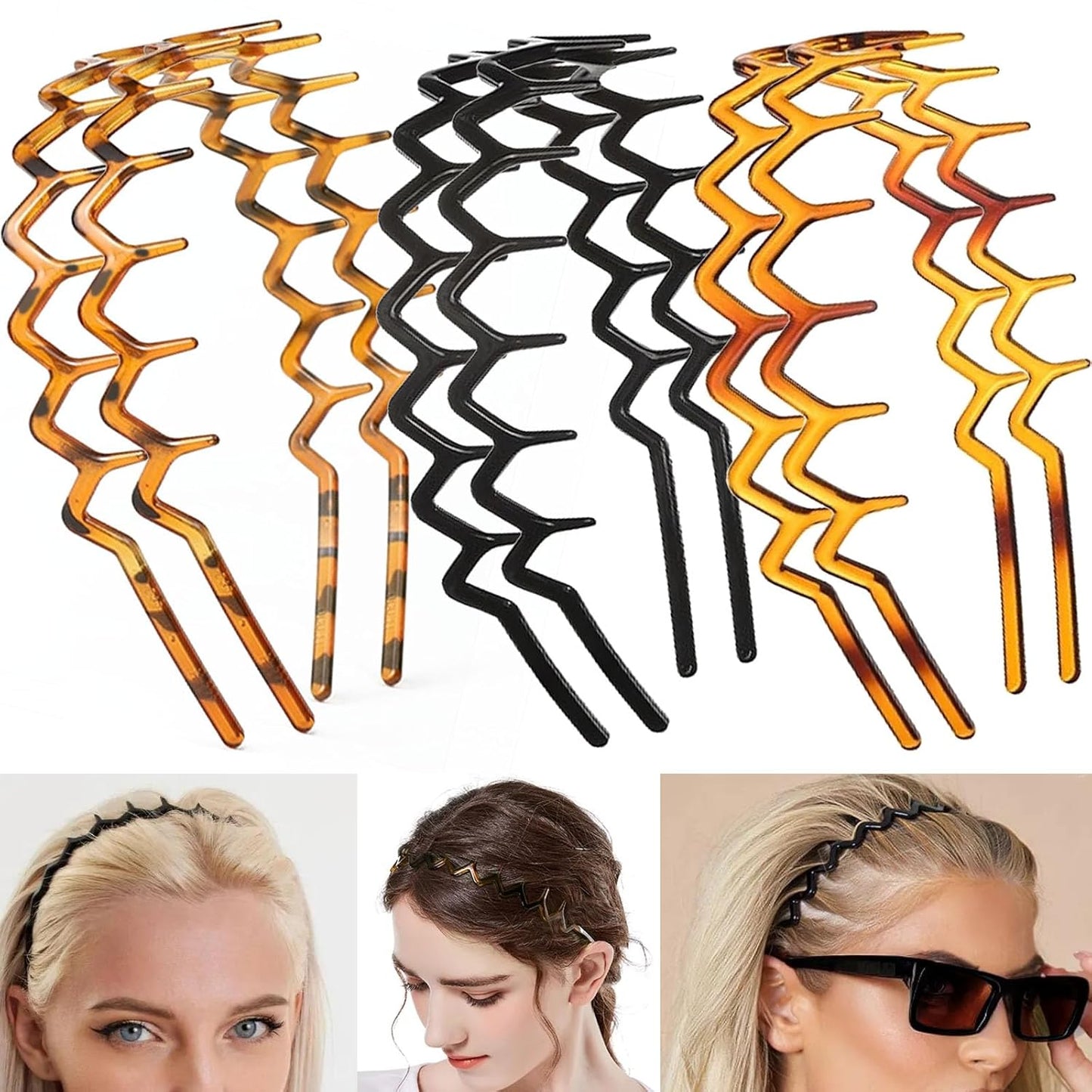 Zig Zag Hair Headbands - 6 PCS Plastic Wavy Comb Accessories for Women & Girls | Classic Black & Retro Leopard