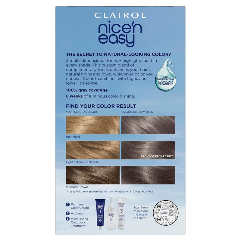 Clairol Nice'n Easy Permanent Hair Dye - 8S Soft Silver | 100% Gray Coverage & Natural Shine