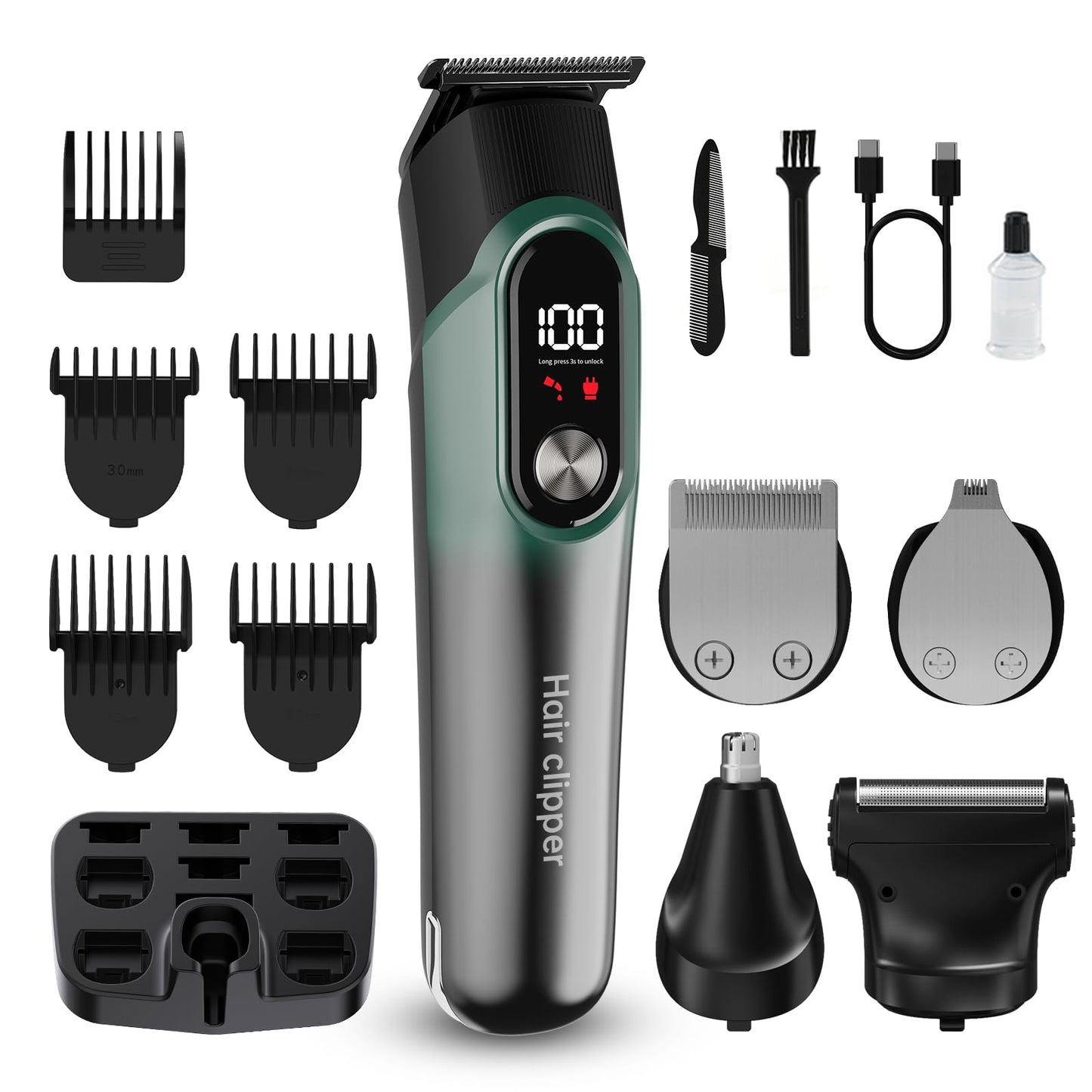 RUIBO Beard Trimmer for Men, 5-in-1 Cordless Hair Clipper Kit with Foil Razor, Waterproof Body, Nose & Ear Groomer, Precision Trimming for Beard, Hair & Body Care (Green)