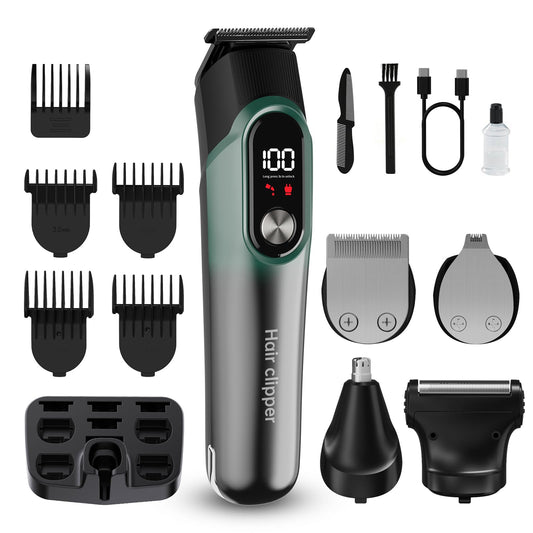 RUIBO Beard Trimmer for Men, 5-in-1 Cordless Hair Clipper Kit with Foil Razor, Waterproof Body, Nose & Ear Groomer, Precision Trimming for Beard, Hair & Body Care (Green)