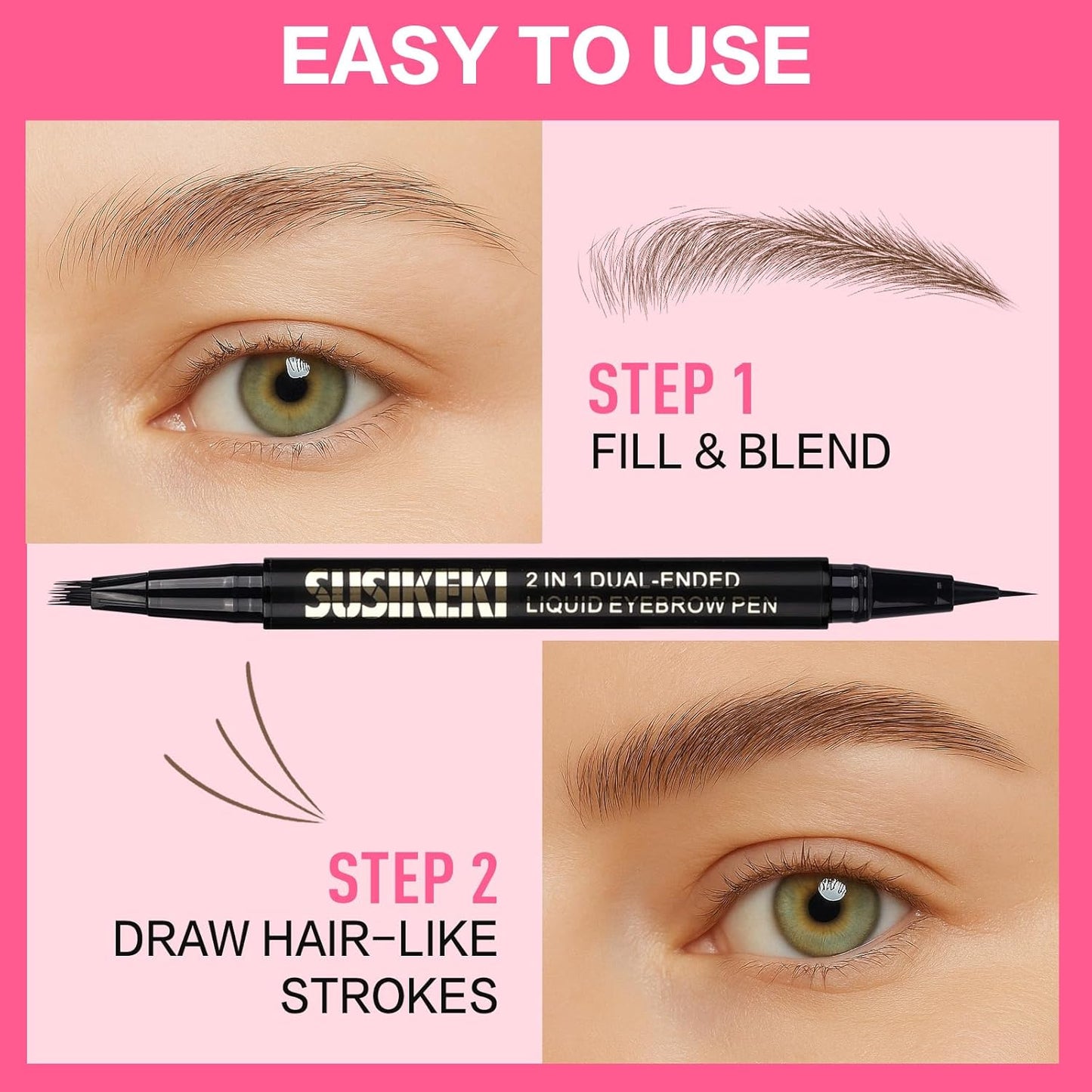 Dual Ended Microblading Eyebrow Pen - 2 in 1 Liquid Pencil with Angled Brush & Detail Tip for Natural Brows | Long-Lasting Brown