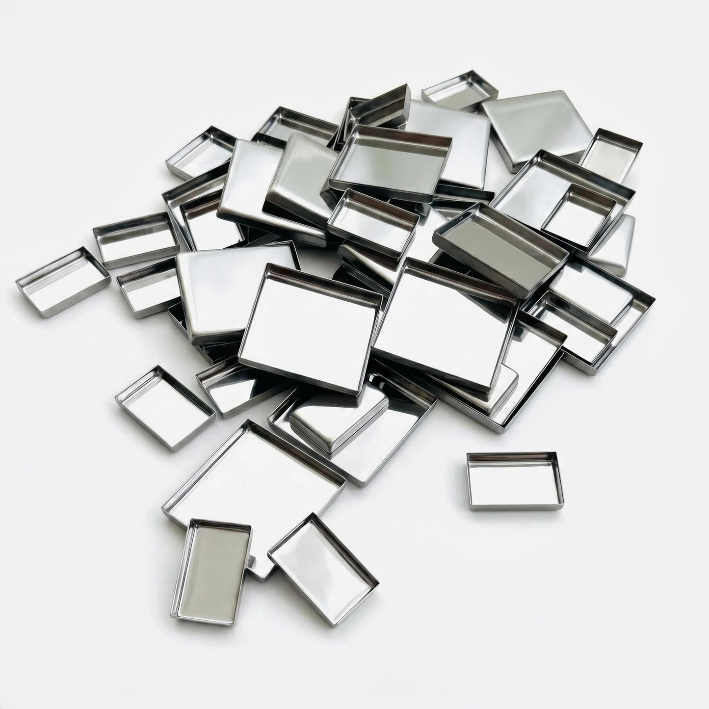50 Pack Empty Metal Pans for Magnetic Makeup Palette, 20 Medium Square (1") & 30 Small Rectangular (9/16" x 3/4") Silver Tin Refills, Responsive to Magnets for DIY Eyeshadow, Blush, Lipstick Depotting