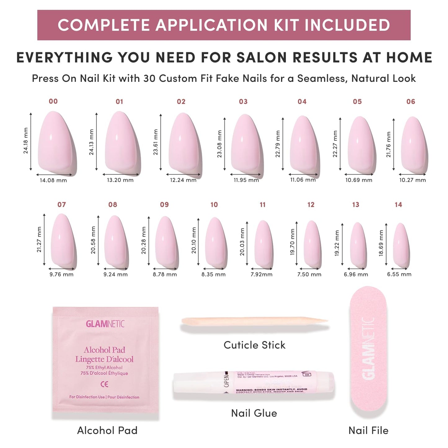Glamnetic Press On Nails - Medium Almond Fake Nails | Glossy Light Pink Press On Nails, Salon Quality Kit with Glue | Iconic Pink - 30 Nail Set in 15 Sizes