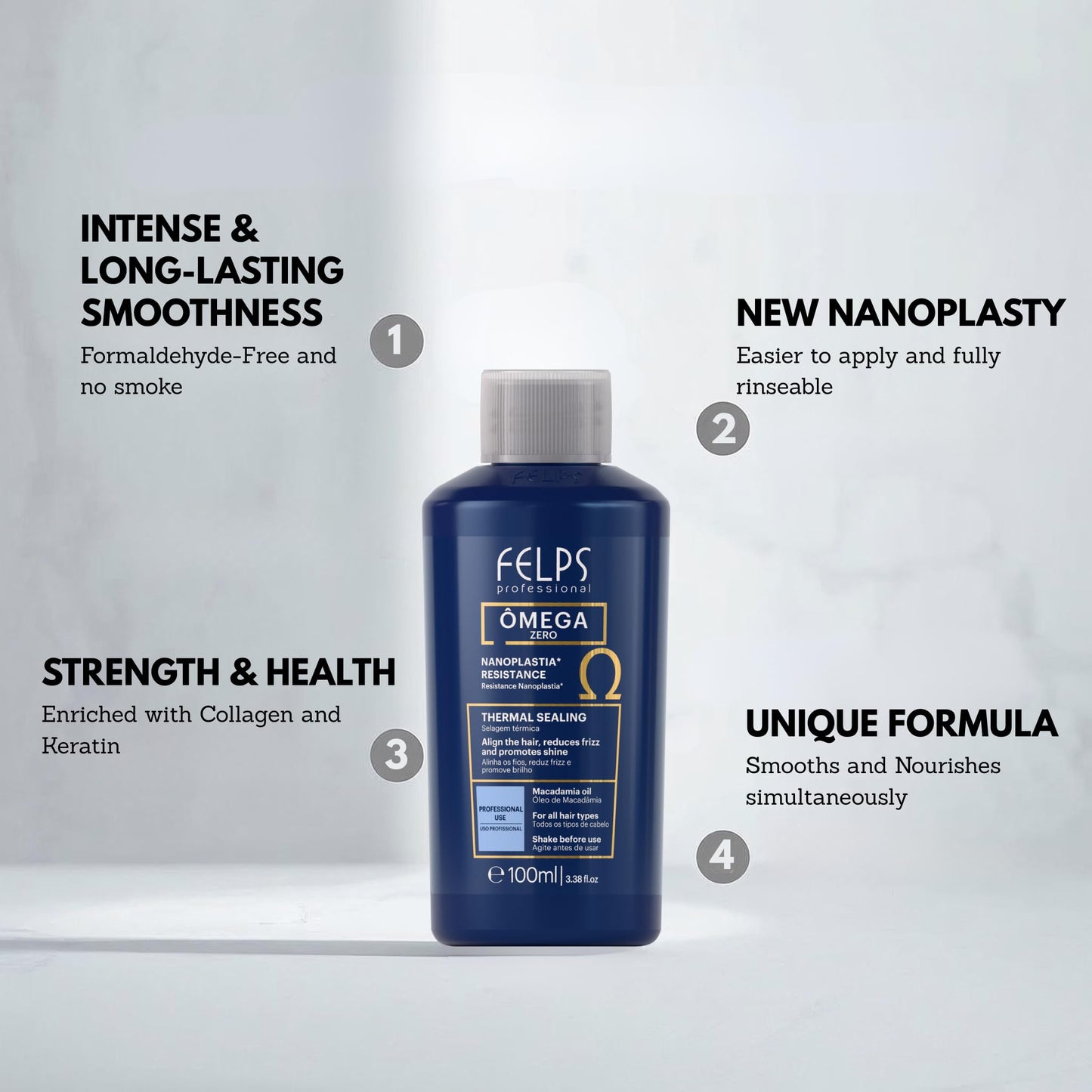 Felps Professional Omega Zero Resistance Nanoplastia Treatment, Zero Formaldehyde Hair Straightening, with Macadamia Oil, 3.38 fl.oz Mini (2, Two, 6.76fl.oz)