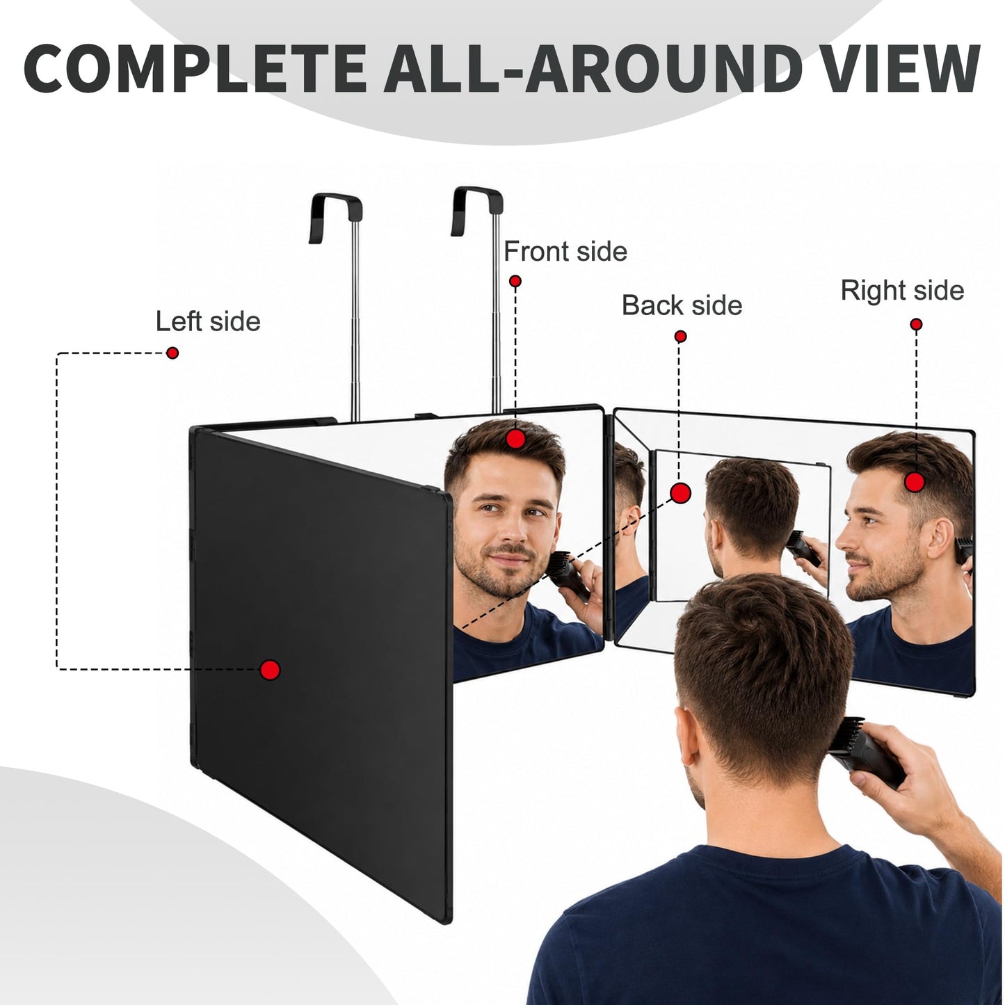 LAITEMEN 3 Way Mirror for Self Hair Cutting, 360 Barber Mirror Self Cut for Braiding Hair, 3way Haircut to See Back of Head for Men and Women, Black (Without LED)