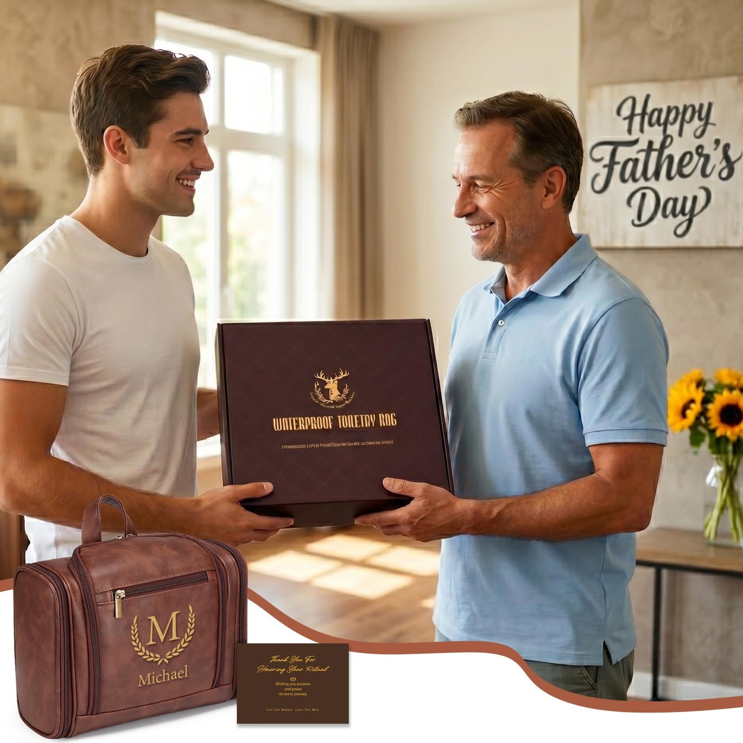 Aganmi Personalized Fathers Day Birthday Gifts for Step Dad Husband Grandpa Papa, Customized Mens Large Leather Hanging Toiletry Bag Travel Waterproof Bathroom Shower Shaving Dopp Kits, Cognac Brown