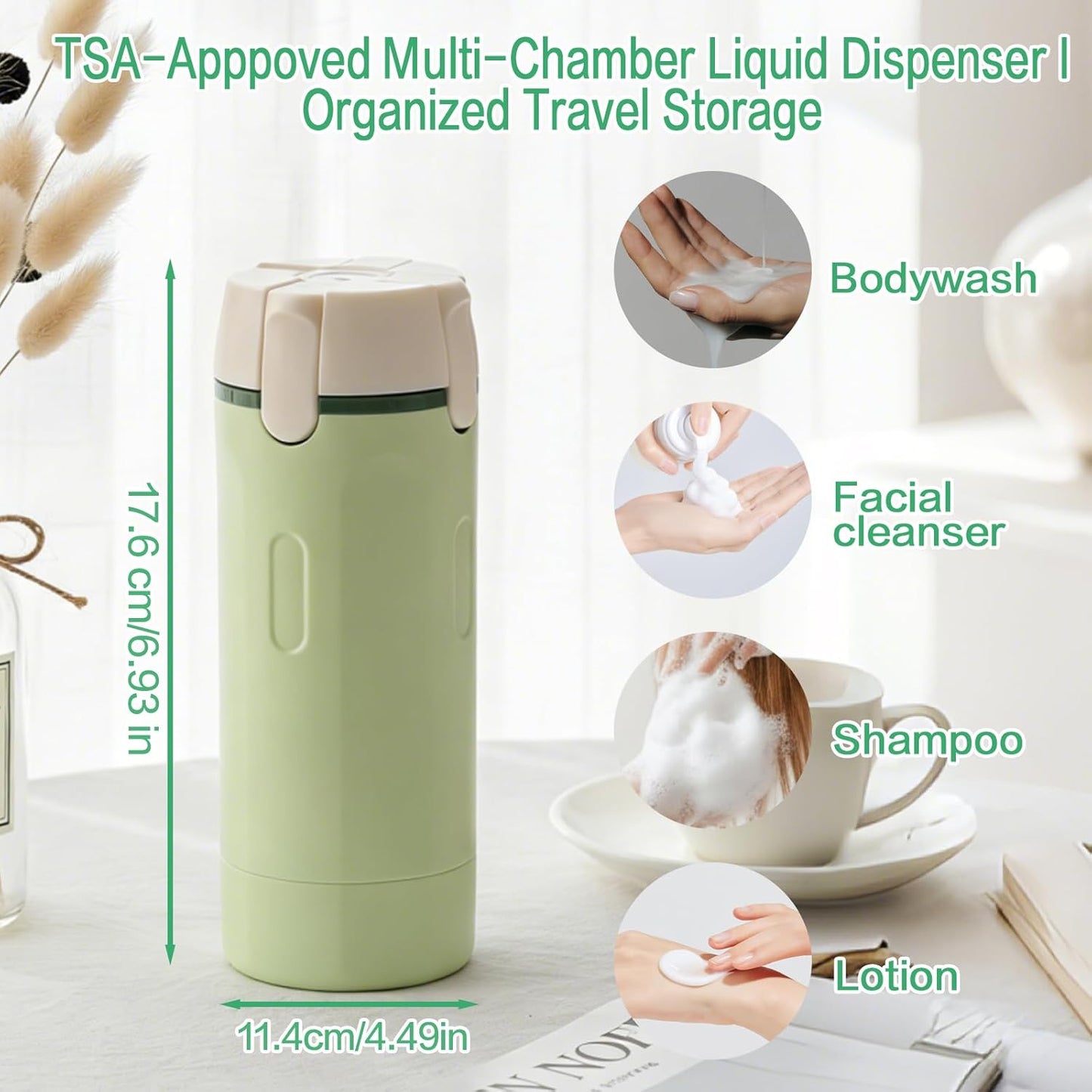 Travel Dispenser Bottle - 4-in-1 Leak-Proof TSA Approved Toiletry Container | Portable Hard Shell with Scale & Labels (White)