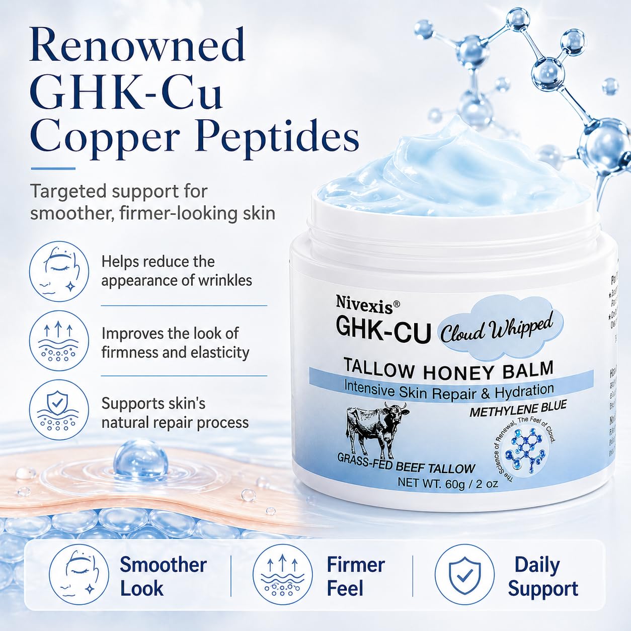 GHK-Cu Copper Peptide Balm - Grass Fed Beef Tallow & Manuka Honey Moisturizer for Mature Dry Skin | 2 Oz