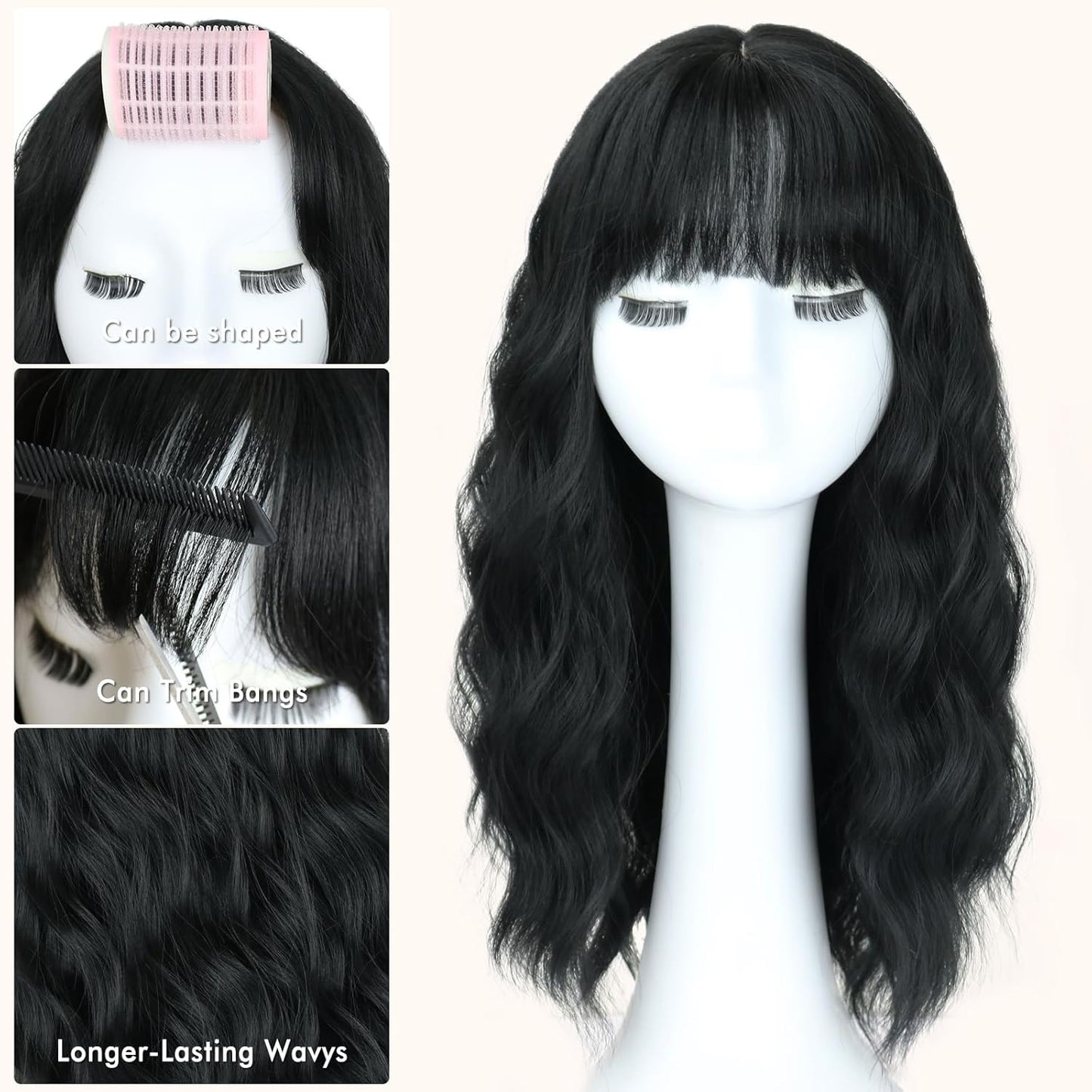 Long Wavy Black Wig for Women - 20-Inch Shoulder-Length Synthetic Hair with Bangs | Heat Resistant