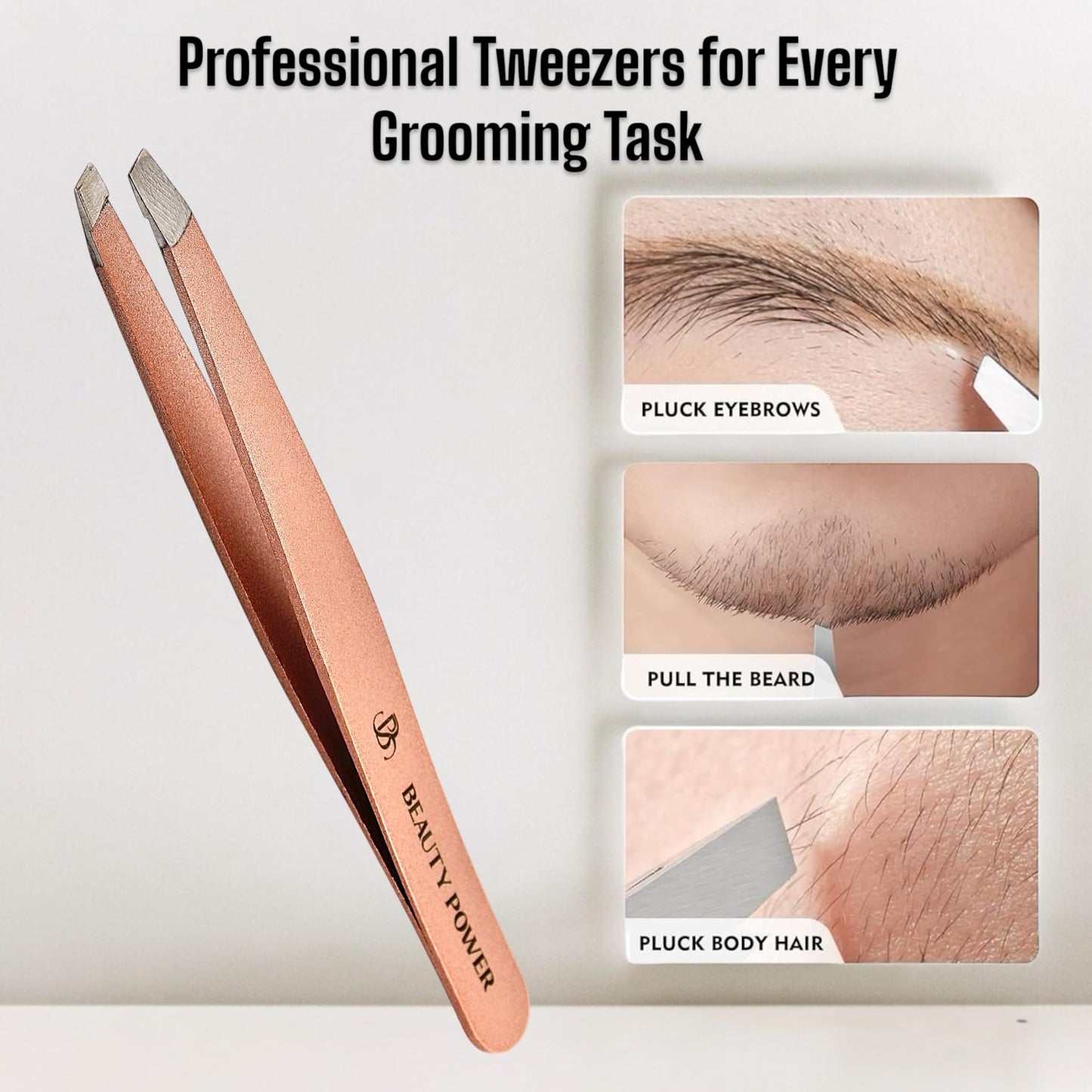 Beauty Power Slant Tip Precision Tweezers - Stainless Steel Eyebrow Tweezers for Women & Men - Precision Tweezers for Facial Hair, Ingrown Hair & Brow Shaping - Professional Beauty Tool (Rose Gold)