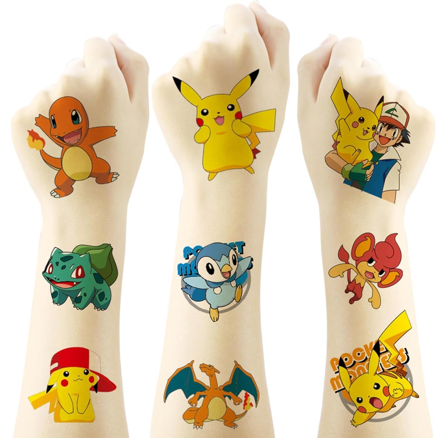 Pokémon Tattoo Stickers - 20 Cartoon Water Transfer Designs for Birthday Parties | Fun Temporary Tattoos
