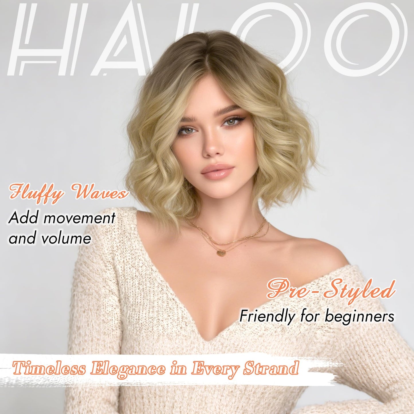 Haloo Blonde Bob Wig for Women Lace Front Hairline Short Soft Wavy Curly Natural Looking Middle Part Synthetic Hair Wigs for Daily Party, 11 Inch Ombre Blonde