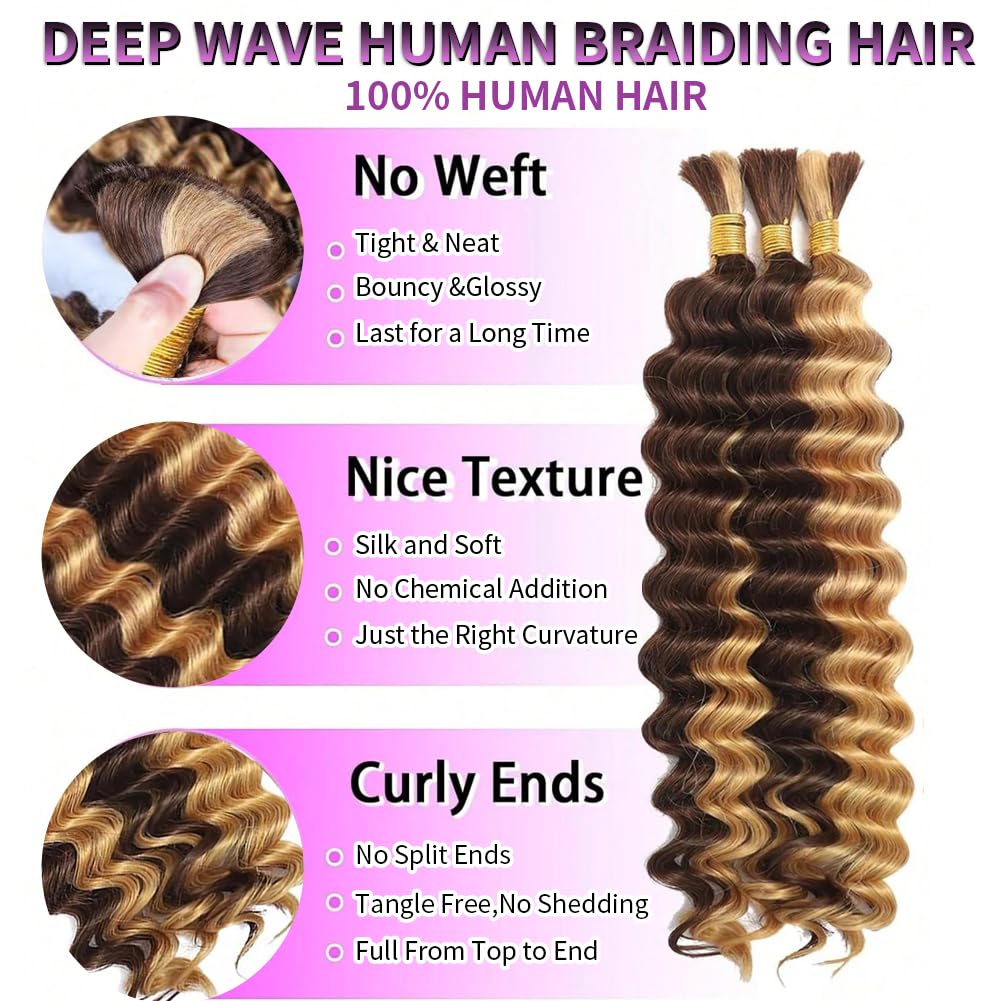 Human Braiding Hair for Boho Braids 120g Highlight Boho Bulk Human Hair for Braiding Curly Deep Wave Bundles Ombre Human Hair Bundles Wet and Wavy Bohemian Braids No Weft 3 Bundles 4/27 Color 22 Inch