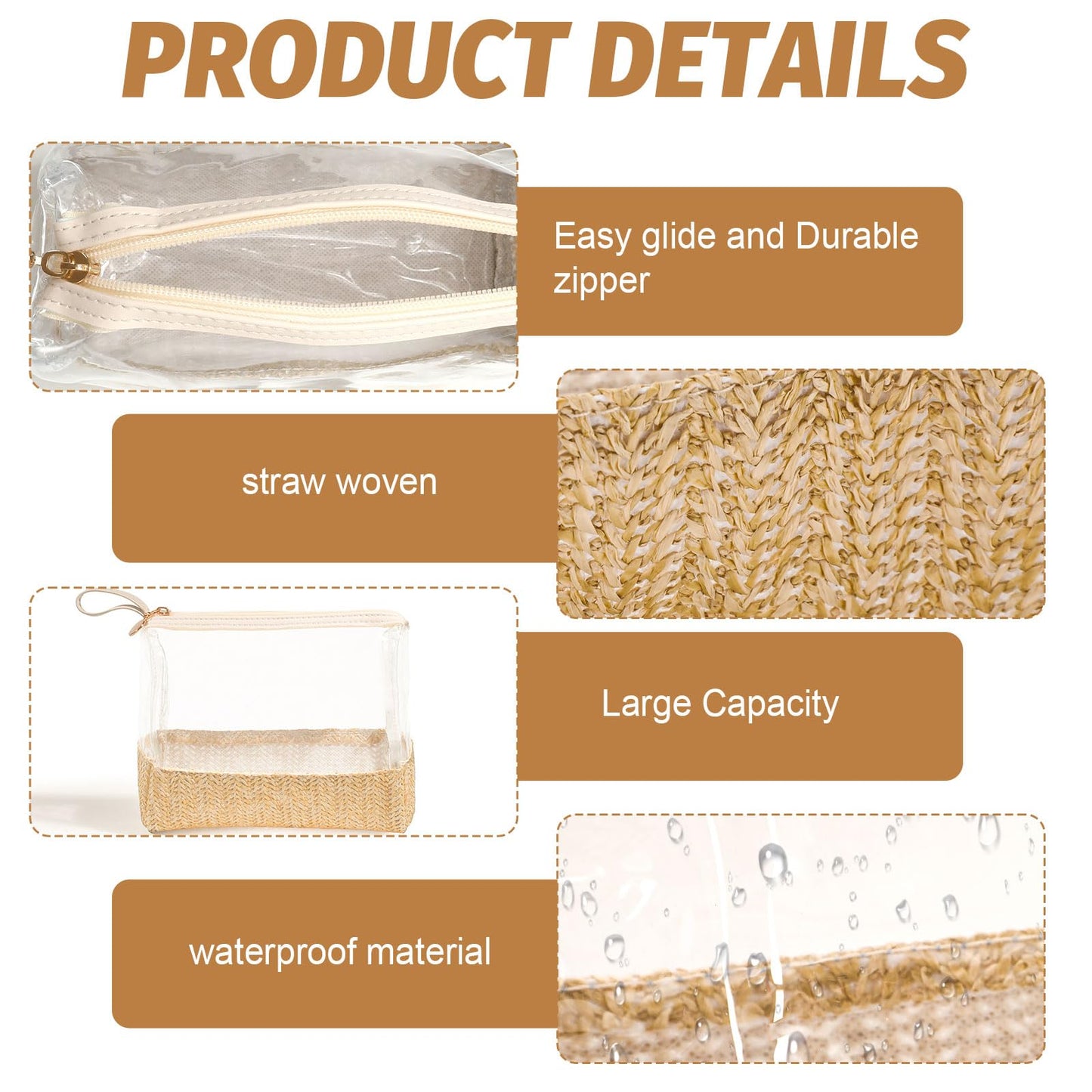 Whaline 3 Pcs Boho Straw Makeup Bag with Zipper Small Clear Travel Cosmetic Bag Waterproof Portable Toiletry Bags for Women Girls Men, 8.3 x 6.7 x 0.8 Inch