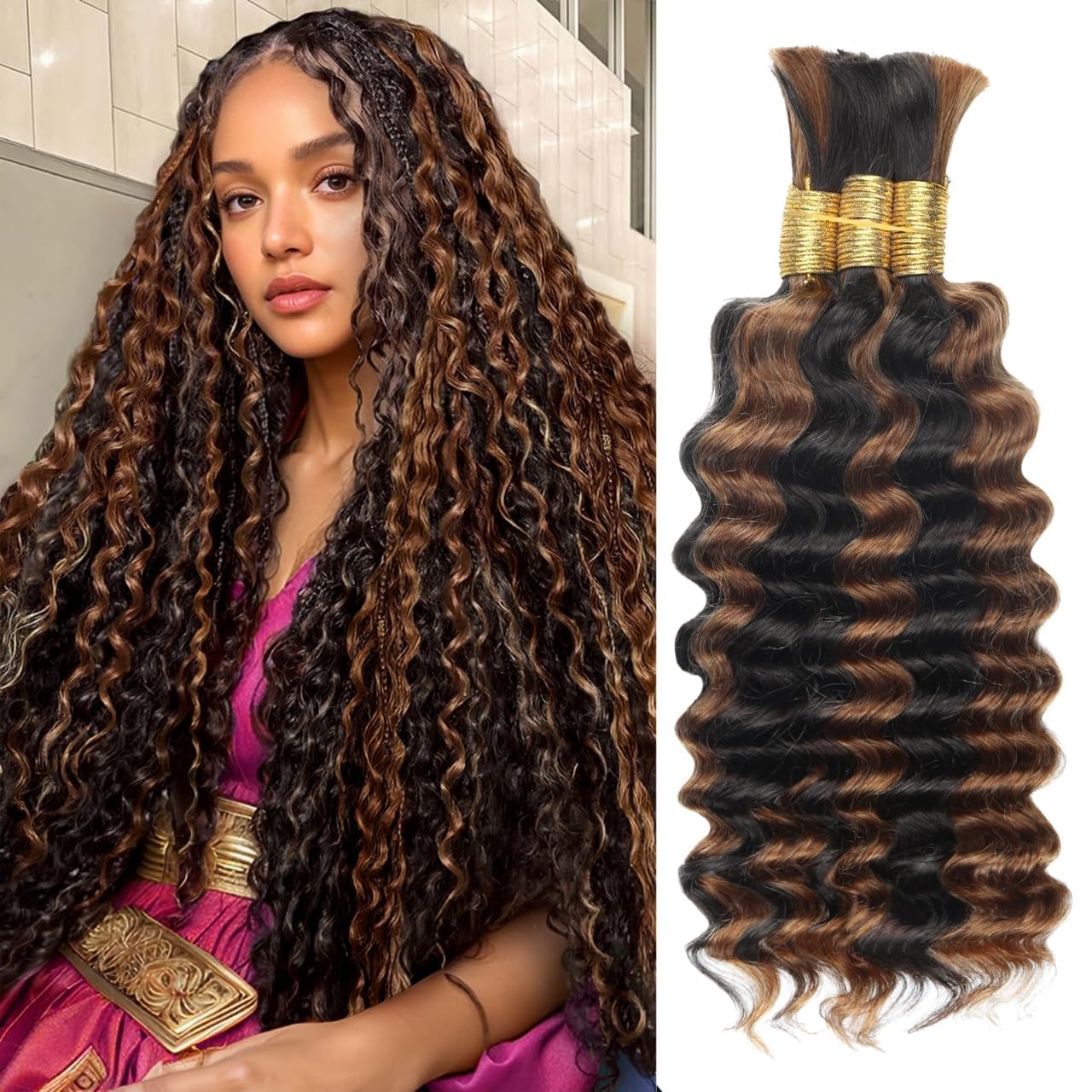 Human Braiding Hair - Ombre Deep Water Wave | 150g 16 Inch Curly Braiding Bundles, 1B/30 Highlights