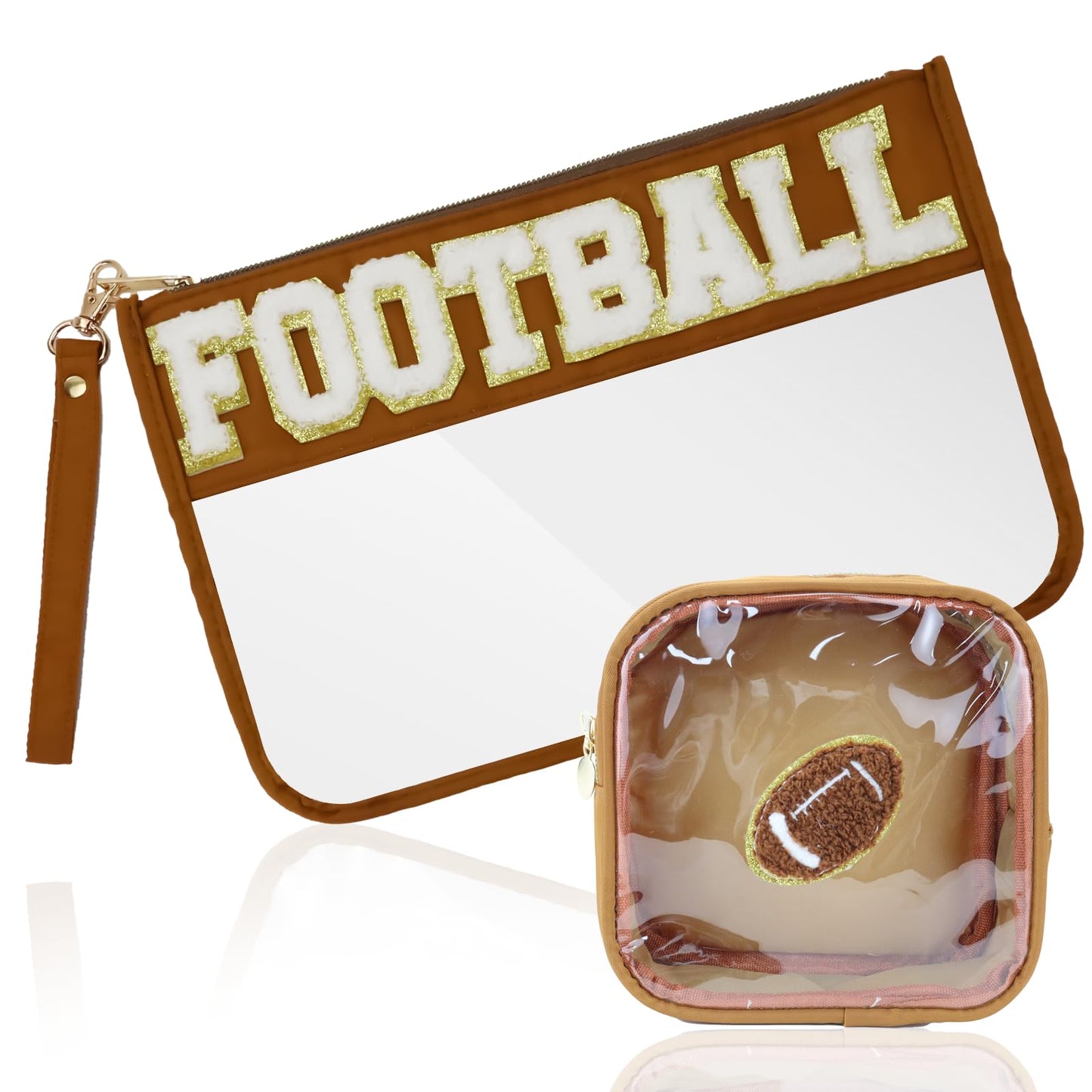 SUILU 2 Pcs Football Gifts Makeup Bag with Chenille Letter Patch,with Handles PVC Waterproof Clear Makeup Bag,Portable Toiletry Storage Bag,Players & Fans Birthday, Team or Sports Lover Presents